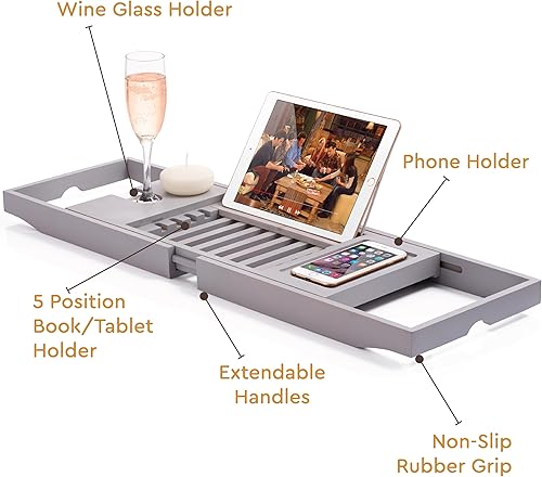 Miniatura 36 de Bandeja de madera para bañera – Bandeja de baño de bambú plegable y expandible para bañera con soporte para vino, soporte para libros y tabletas