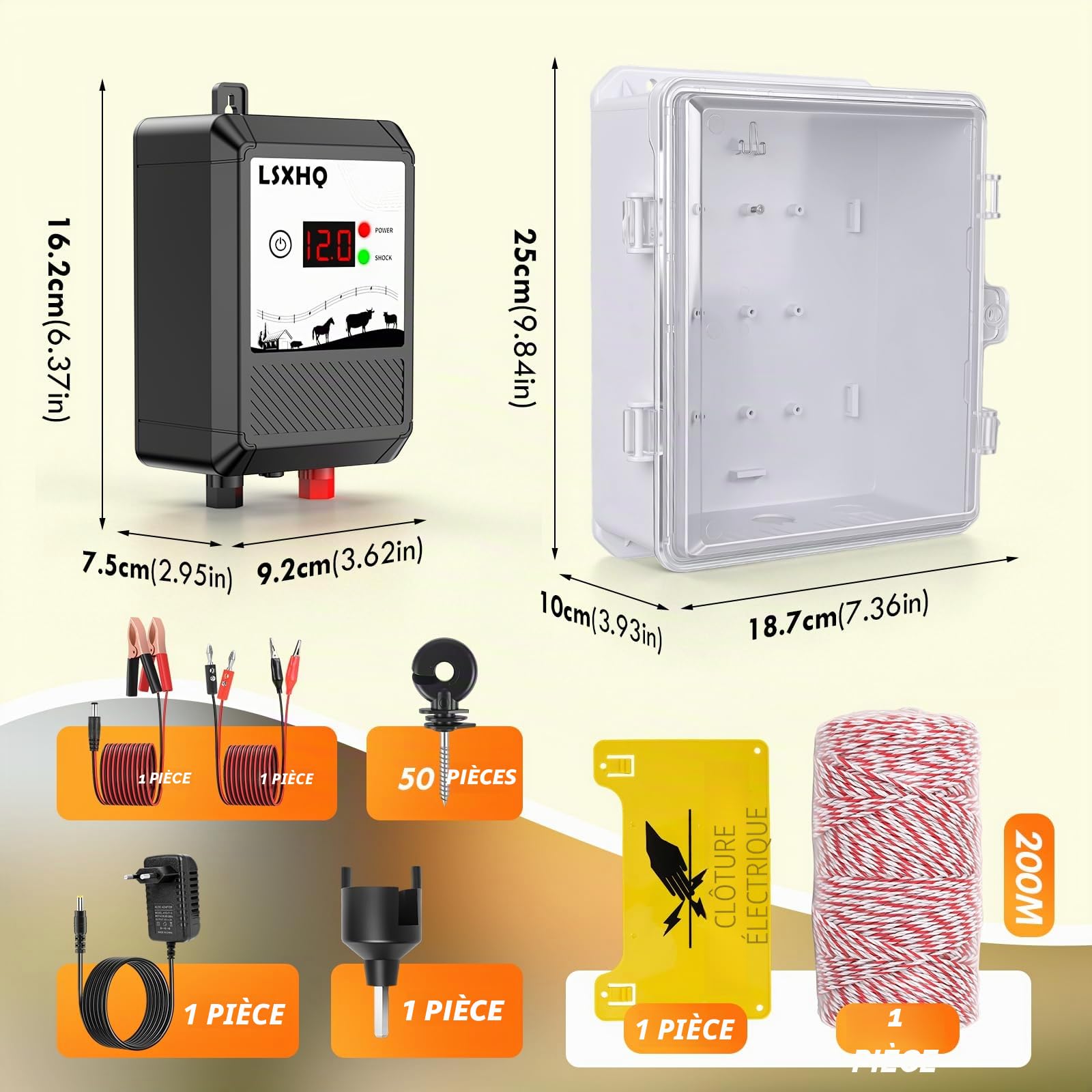 Clôture Électrique 10 km Pour Bétail Et Animaux, Électrificateur 12 kV 2.0 J Avec Câble De Clôture 200 m & 50 Isolateurs Annulaires, Protection Pour Jardin, Pâturage Et Ferme (Kit Noir)