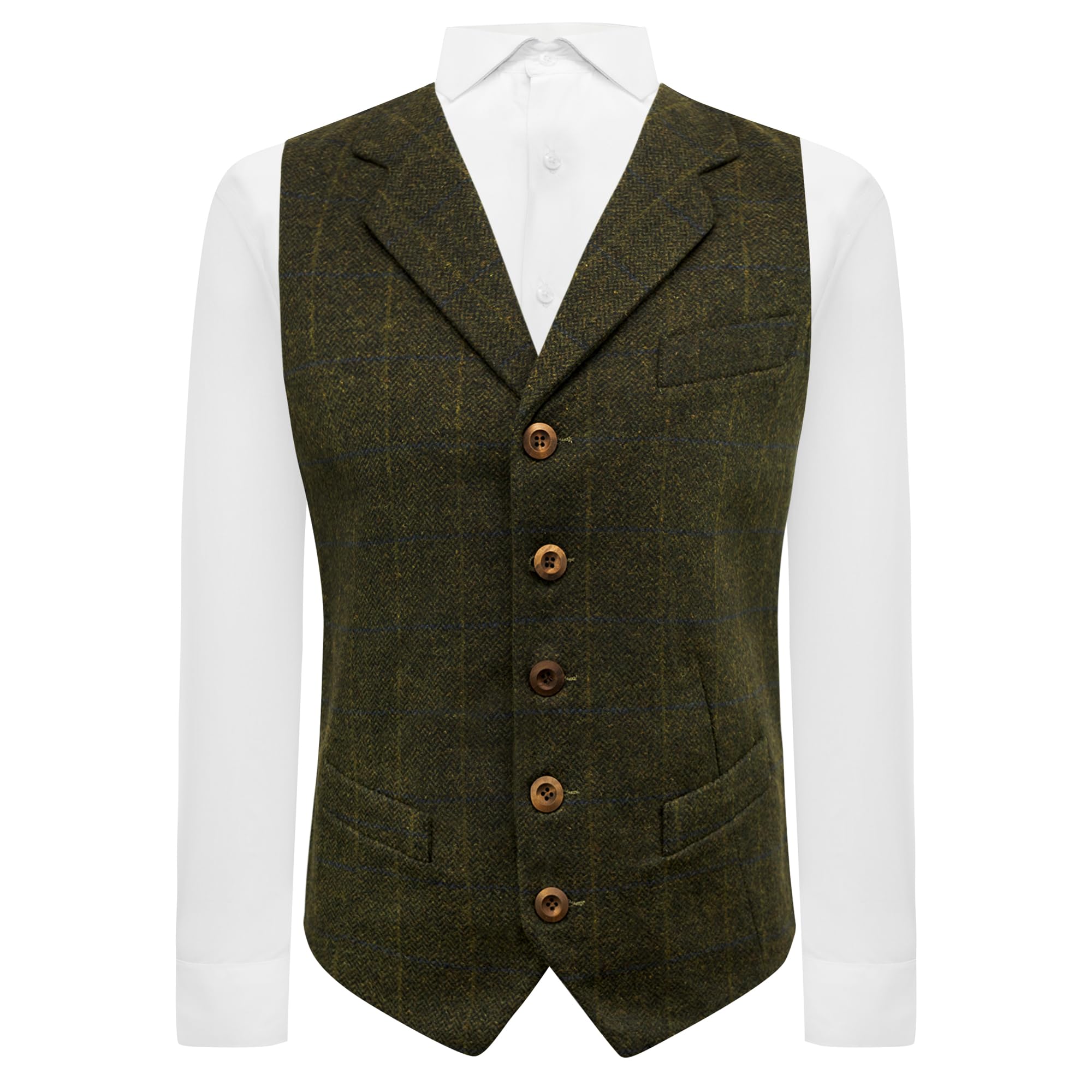 King & Priory Juniper Green Herringbone Check Waistcoat with Lapel - XXXL