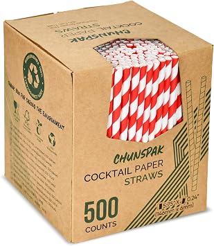 [500 Counts] Chunspak 5.75 inch Disposable Red White Striped Small Paper Straws for Cocktail, Coffee and Short Drinks - Eco-friendly