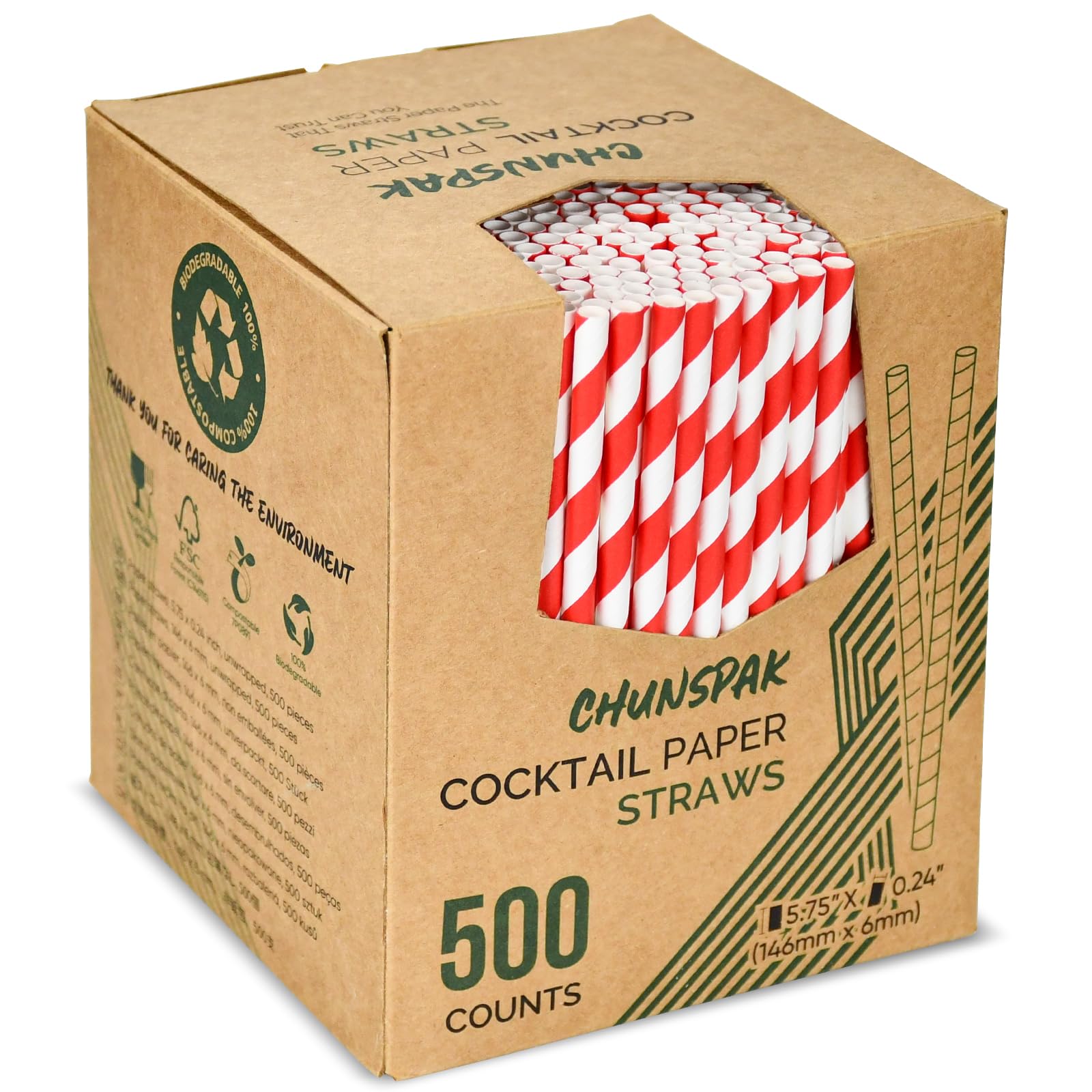 Photo 1 of [500 Counts] Chunspak 5.75 inch Disposable Red White Striped Small Paper Straws for Cocktail, Coffee and Short Drinks - Eco-friendly