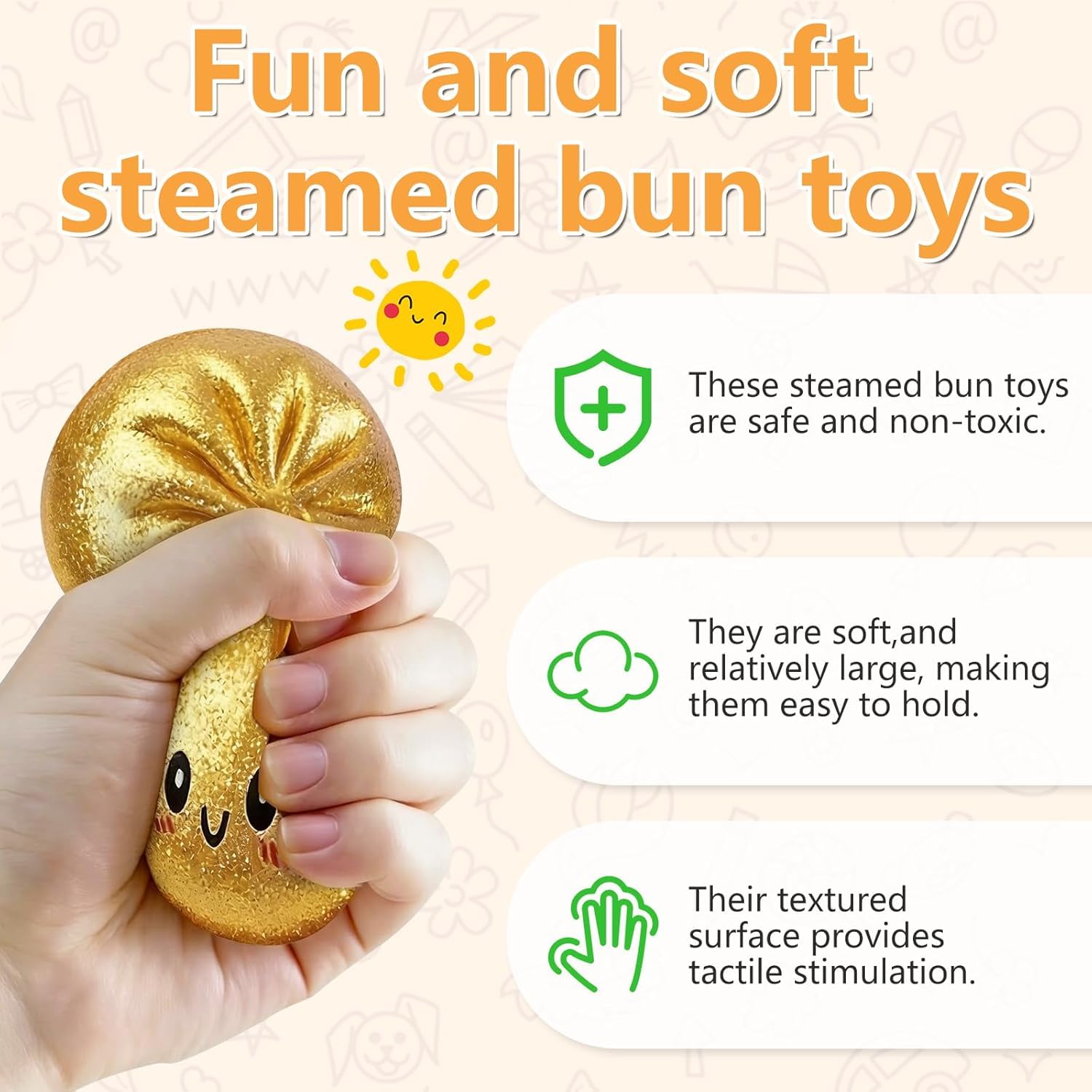 Glitter Dumpling Squishy Box, Dumpling Squishies, Sensory Squeeze Toy for Stress Relief, Soft Decompression Dough for Adults Office and Home Use (Ribbon Emoji bun) — view 4