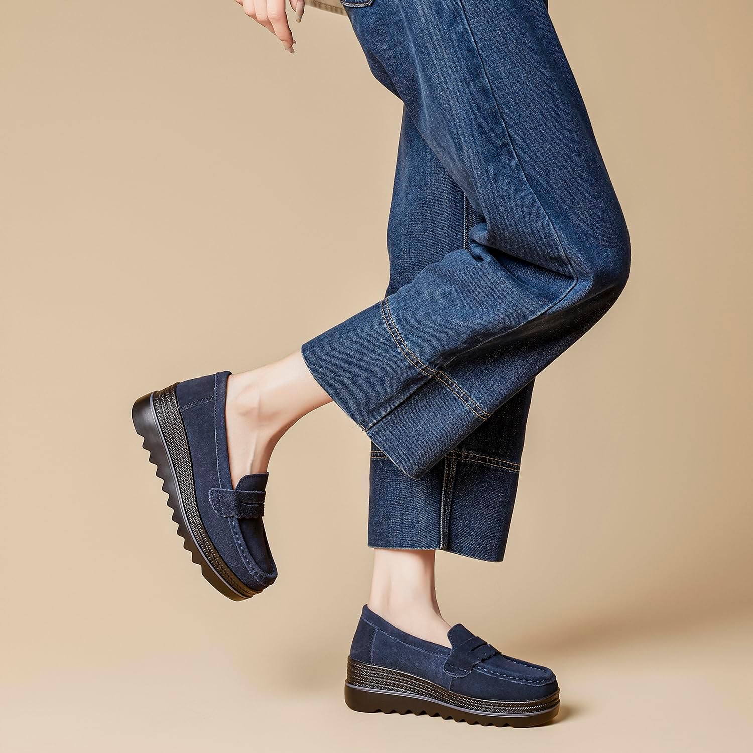 Touchmosees Women's Suede Platform Loafers - Slip-On Wedge Moccasin with Comfortable Non-Slip Rocker Sole for Business, Casual, Daily Wear