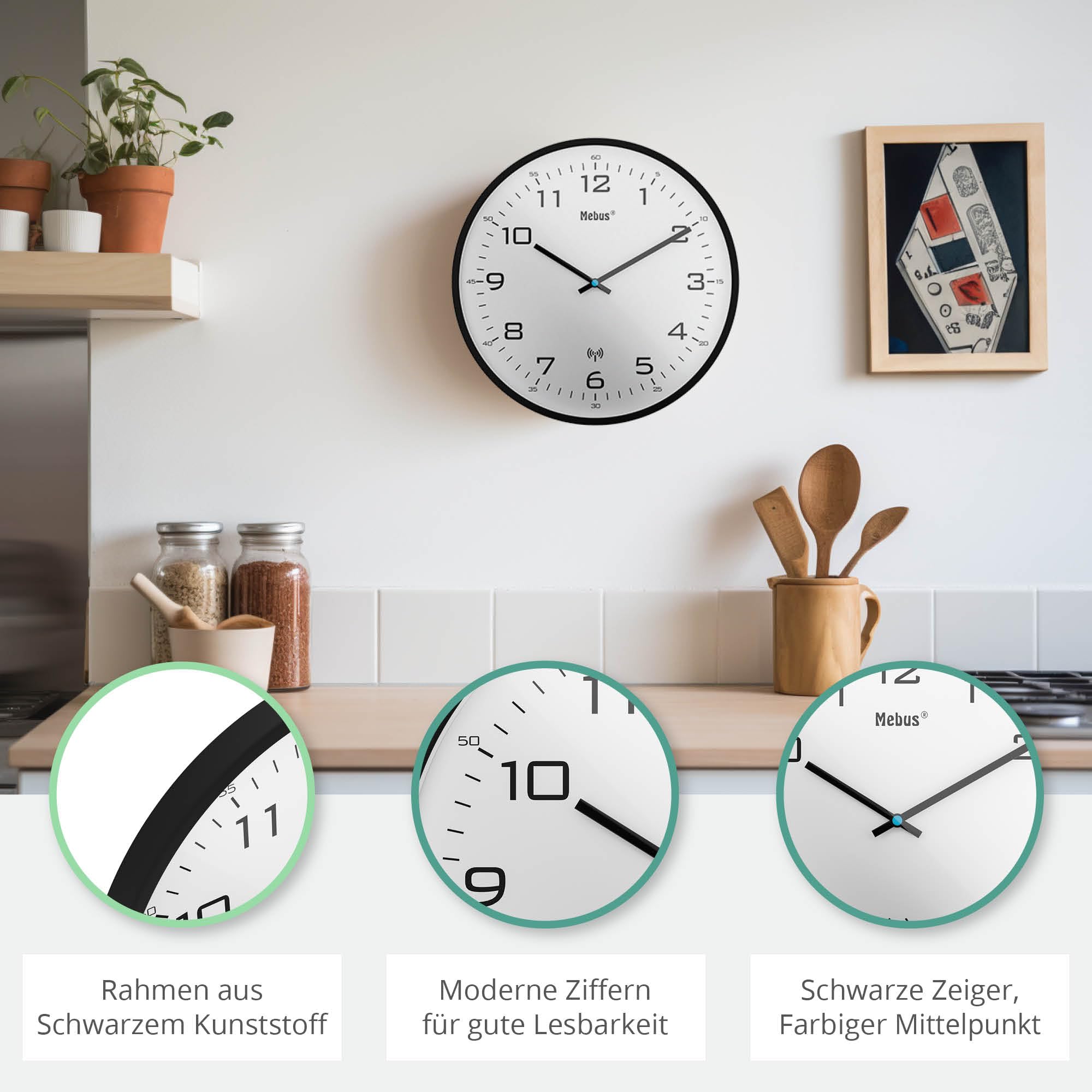 Mebus Funk-Wanduhr, 30 cm, lautlos, schwarzer Rahmen, weißes Zifferblatt, Modell 13079 - Große und klare Anzeige, Schwarz