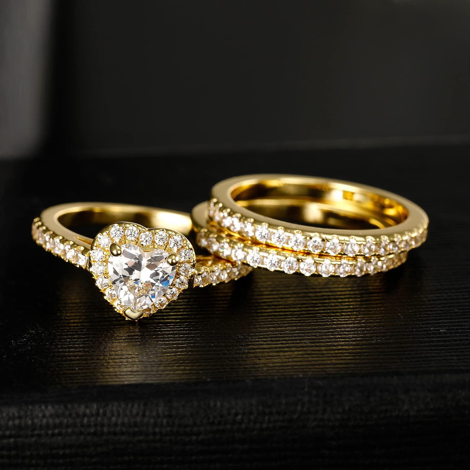 Three-in-One Heart Halo Wedding Rings Set Engagement Ring 18K Yellow Gold Plated Cubic Zirconia Band Promise Eternity Ring for Women Size 8 - Image 5