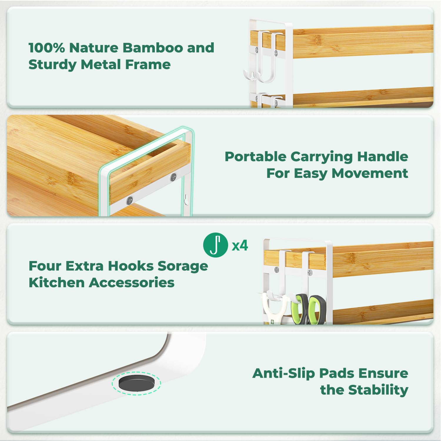 Organizador de condimentos para especias para encimera de cocina, 4 niveles de bambú para especias con 4 ganchos, soporte independiente montado en la pared para despensa, bambú blanco 5
