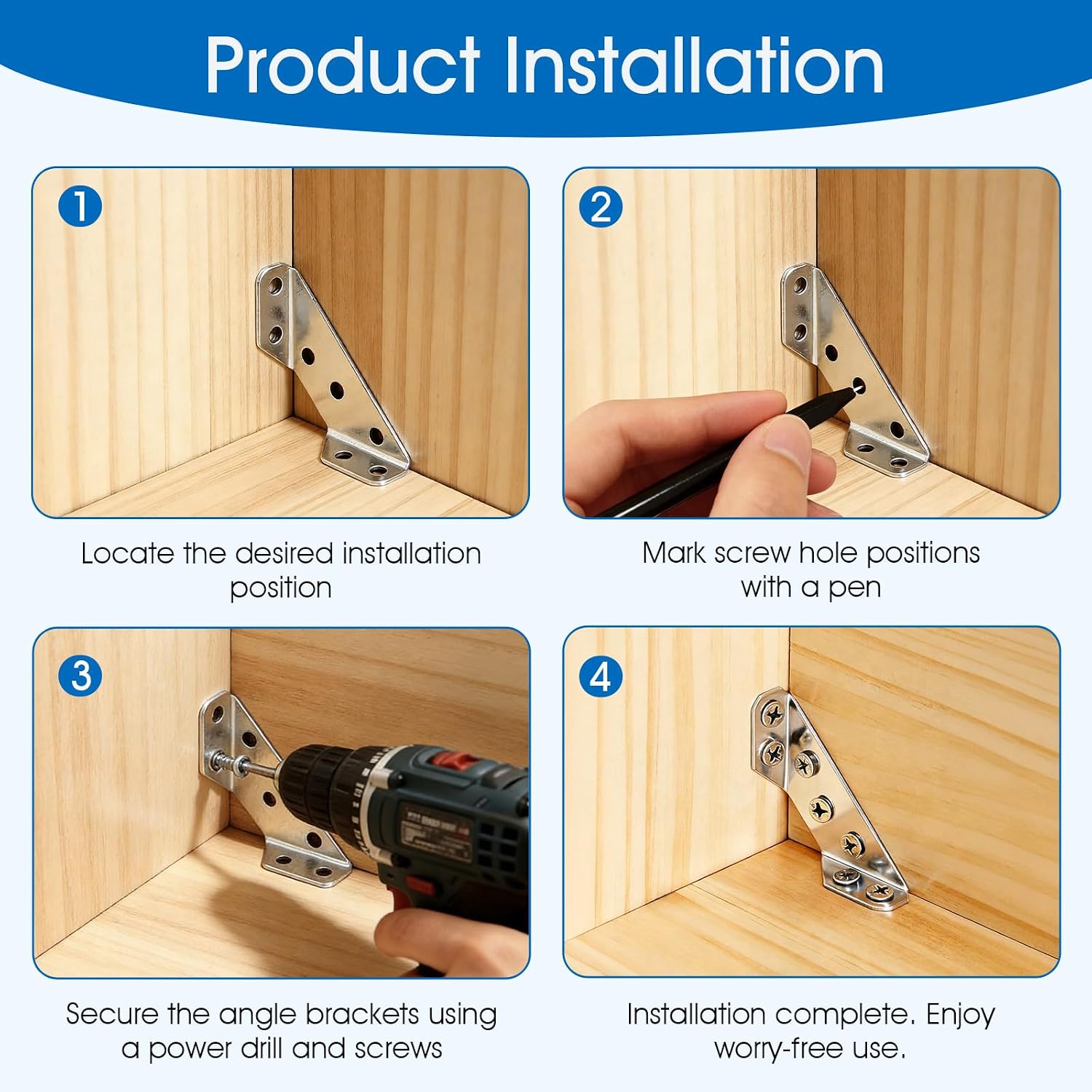 20-Piece Stainless Steel L-Shaped Wooden Brackets Set: 1.1 x 2.5 x 0.7 Inches, Polished, Corner Mount, 108 Screws, Ideal for Furniture, Shelves, Cabinets, Tables & Chairs