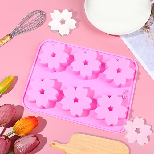 Miniatura 8 de EORTA - Paquete de 2 moldes de silicona para jabón de flor Sakura, bandeja de cubitos de hielo de 6 cavidades para mousse de chocolate, gelatina,
