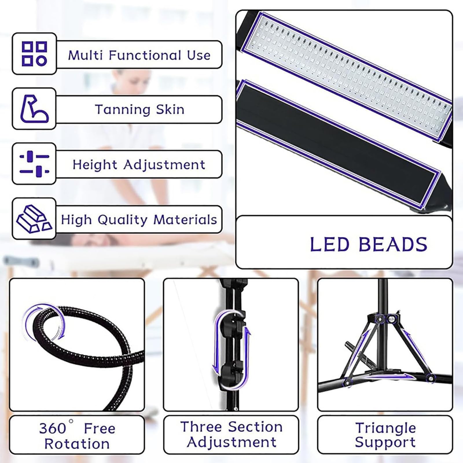 4-głowicowa lampa do opalania twarzy z 420 diodami LED i regulowanym uchwytem od 38 do 155 cm. Tryb oświetlenia z regulowanym czasem intensywności. Idealny do twarzy i ciała. Antyczna opalona skóra.
