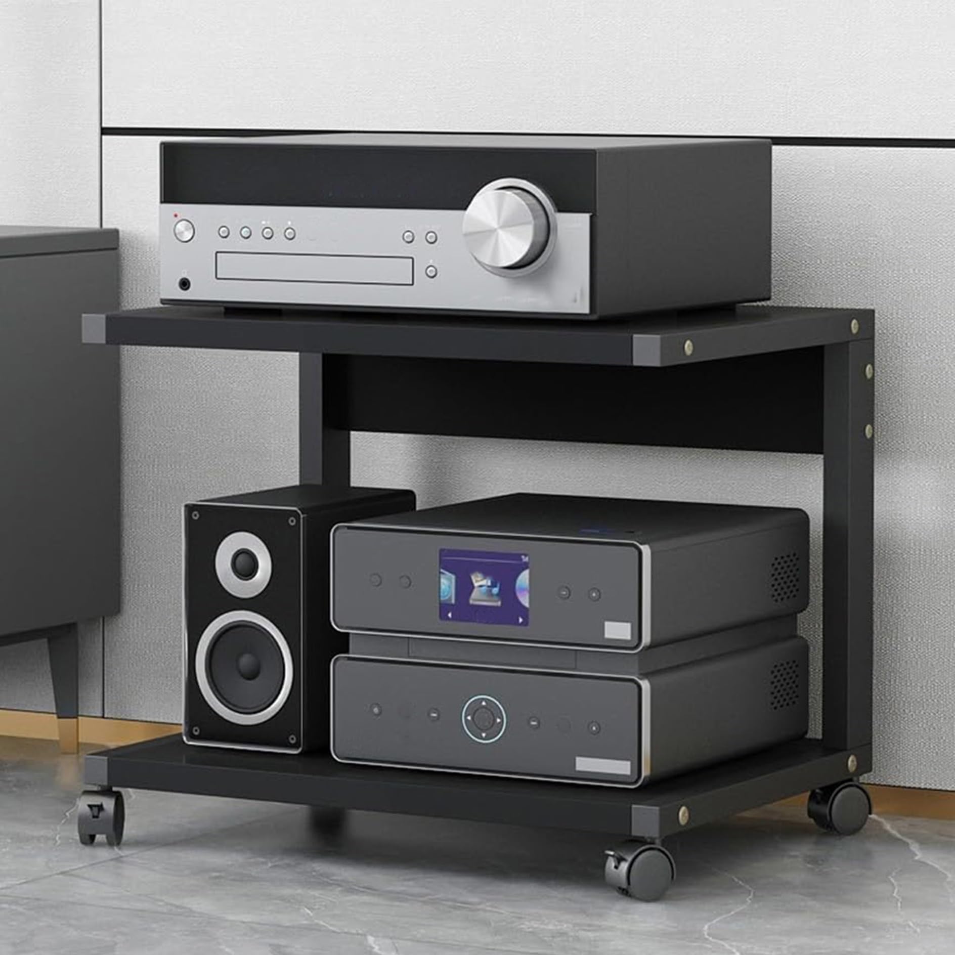 Supporto multimediale AV a 2 livelli con ruote, per accessori TV, console di gioco per Xbox/PS5/DVD/CD/proiettore stereo (nero, 50 x 40 x 45 cm)
