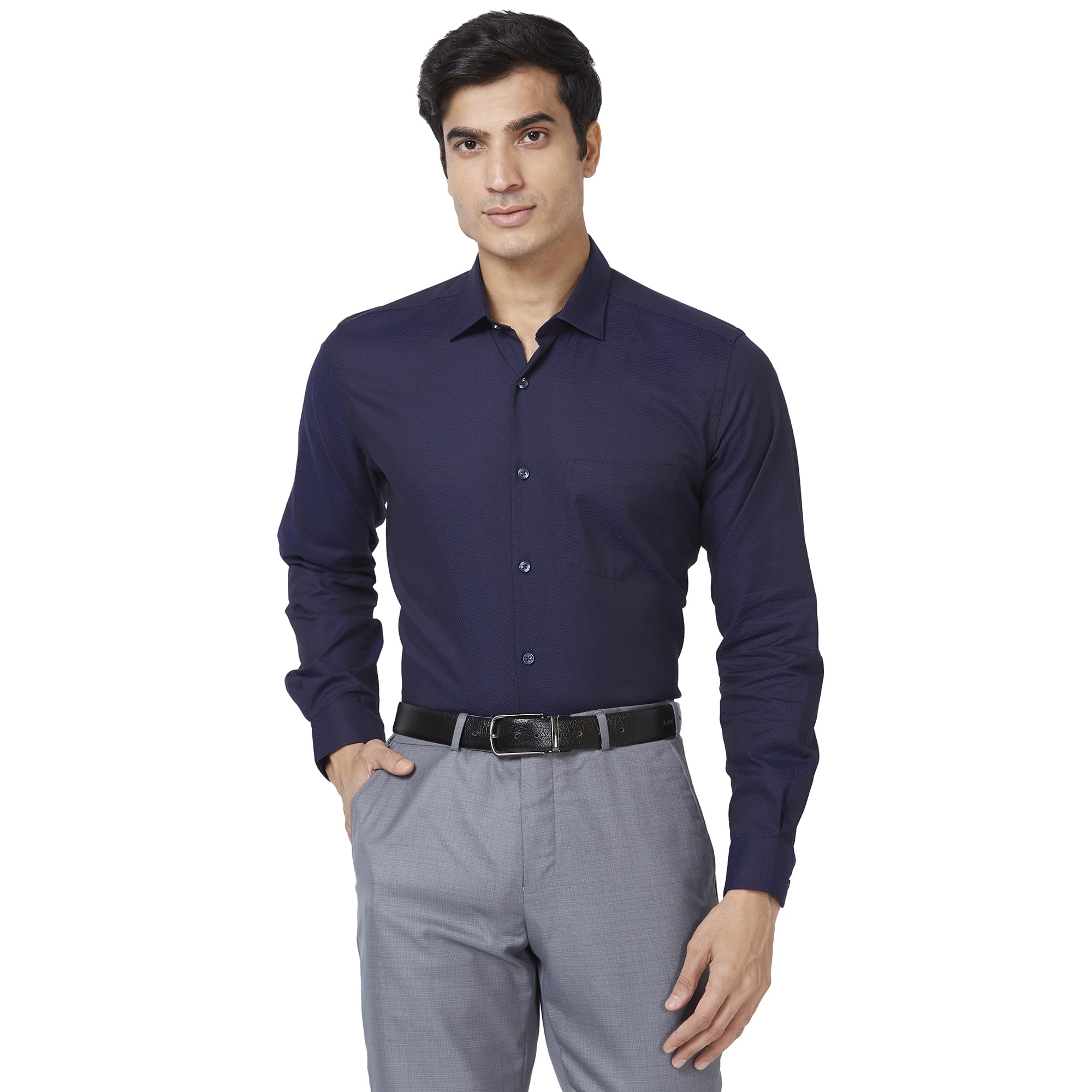 Men's Pure Cotton Structure Pattern Regular Fit Semi Cutaway Collar Full Sleeve Formal Shirt-image-19