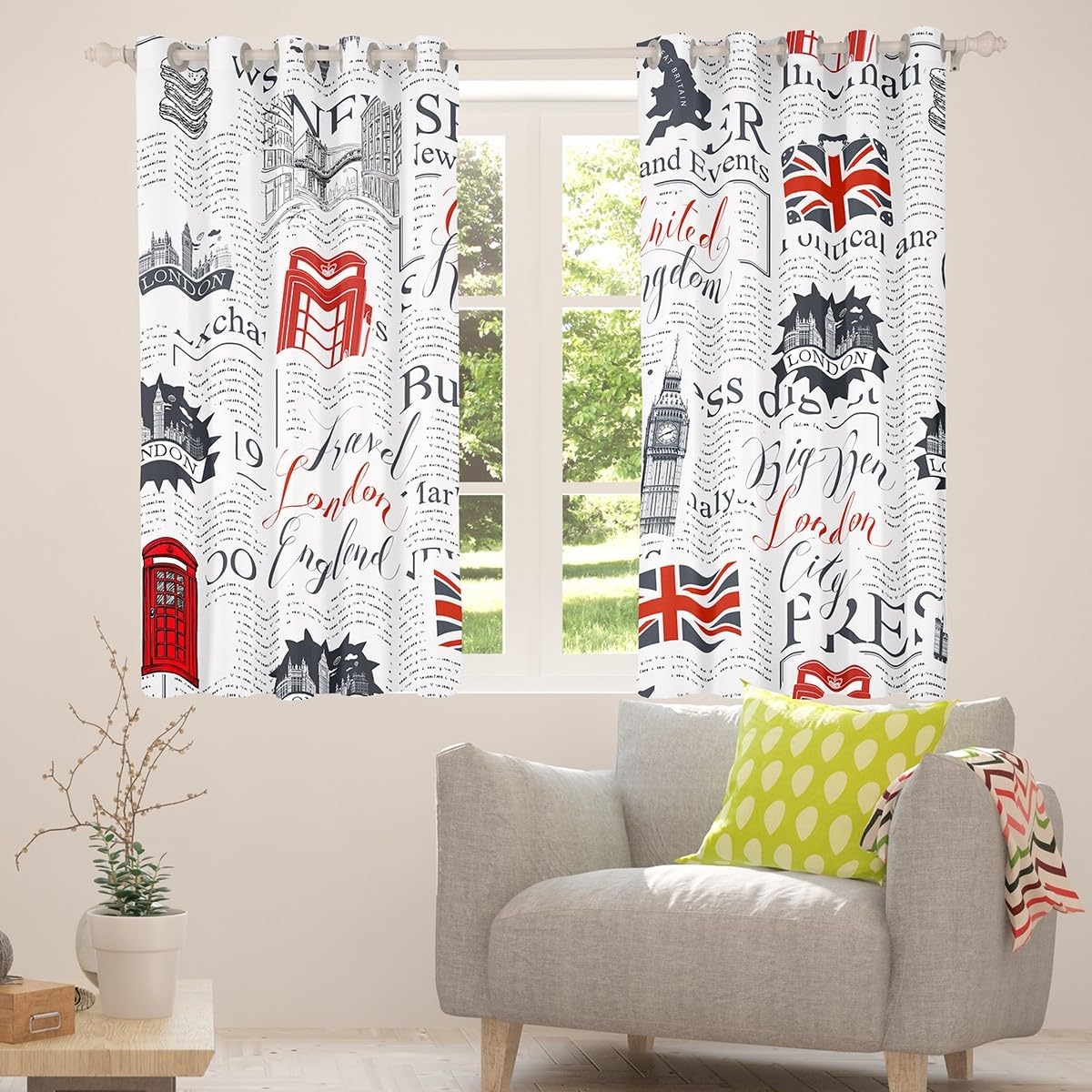 Feelyou London Big Ben Window Treatments Red Telephone Booth Curtains for Bedroom Living Room Retro UK Theme Window Drapes Kids Women Men Old Newspaper Window Curtains Decor (2 Panels, 38 x 45 Inch)