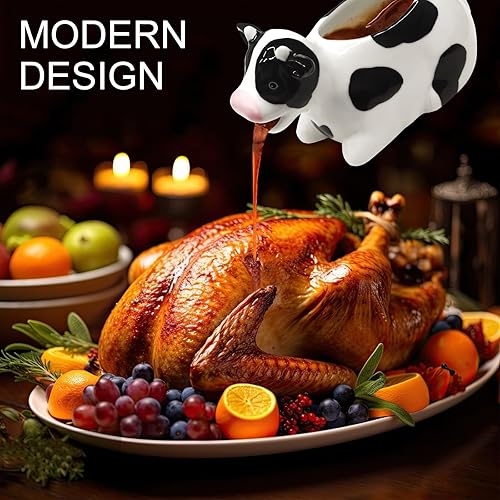 Miniatura 2 de Bote de salsa blanca, jarra de cerámica de vaca de 11 onzas, jarra de salsa pequeña con mango suave, bote de salsa de porcelana para aderezo de