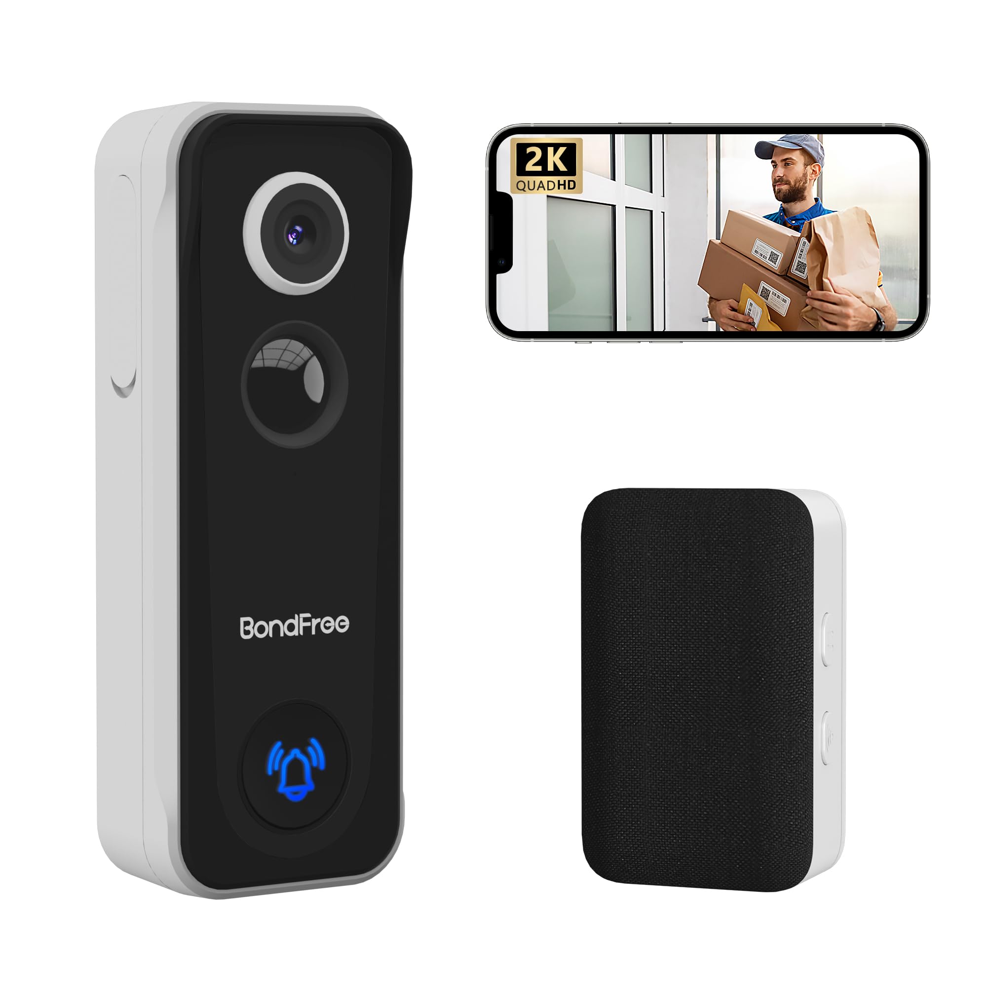 BondFree Wireless Doorbell Camera, 2K Video Doorbell Wireless, 2.4GWiFi, 2-Way Audio, Night Vision, Battery, Cloud SD Card Storage, Compatible with Alexa, Google Assistant.