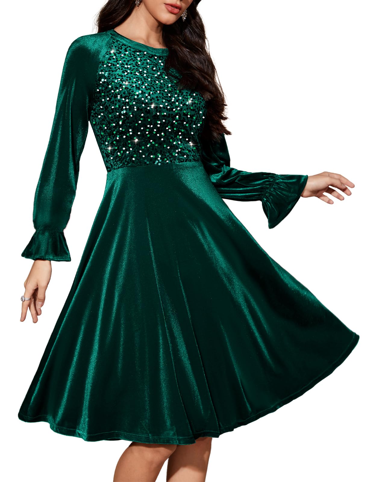 Bbonlinedress Robe de Soirée Cocktail à Manches Longues en Velours à Paillettes pour Femme Robe Midi Vintage pour Mariage invitée
