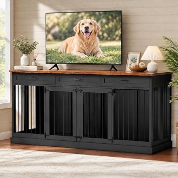 71" Double Dog Crate Furniture TV Stand with Removable Divider & 3 Drawers