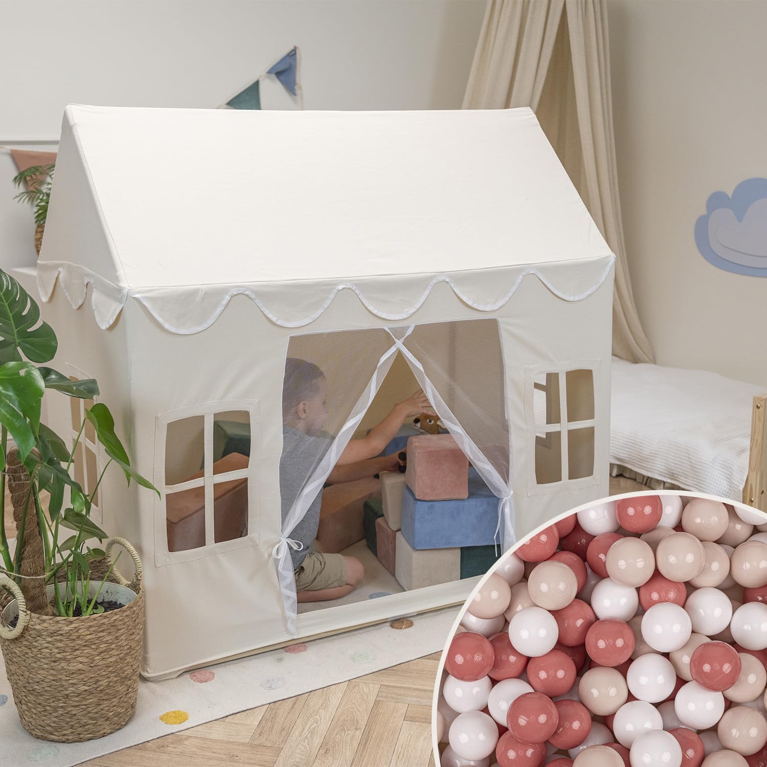 KiddyMoon Playhouse For Kids With 400 Balls Foldable Tent Child's Play Cotton Fabric Easy To Assemble Indoor And Outdoor Use Encourages Creative Play