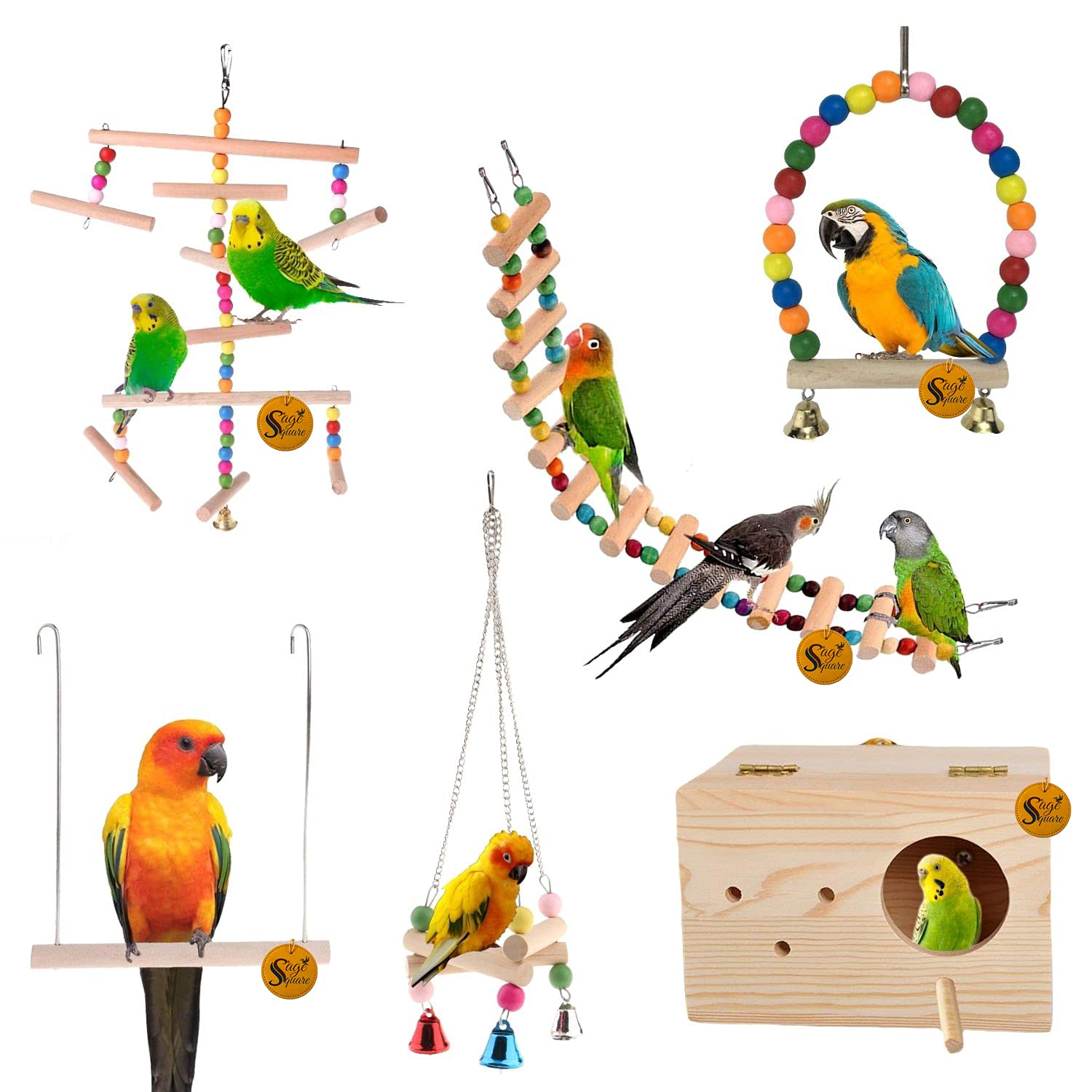Sage Square Wooden Bird Toys Combo | Ladder, Breeding Box, Swing, Hanging Cage Accessory | for Budgie, Parrot, Cockatiel, Parakeet, Conure, Macaw etc (Combo 6) (B092QJKNMR) Amazon Price History, Amazon Price Tracker