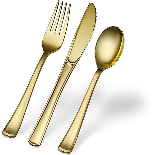 Miniatura 3 de Plasticpro Cuchillos desechables de plástico dorado resistente, cubiertos de plástico de lujo que parecen cubiertos de oro real, utensilios ideales
