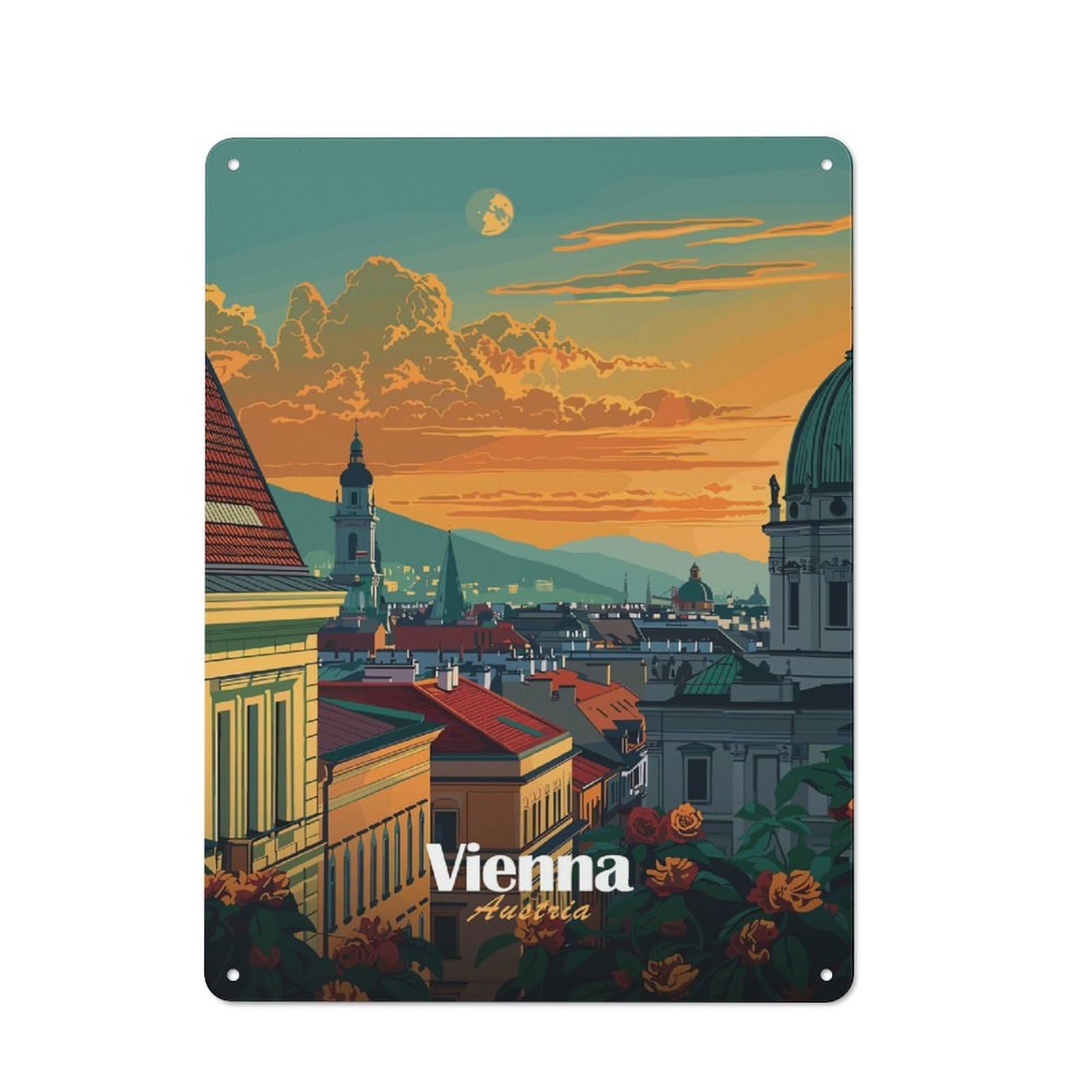 Junmoney Style-3 Old Style Vienna Cityscape Sunset Decorative Tin Plaque 40X30cm, Bar Wall Plaque For Bar, Kitchen, Garage Or Games Room