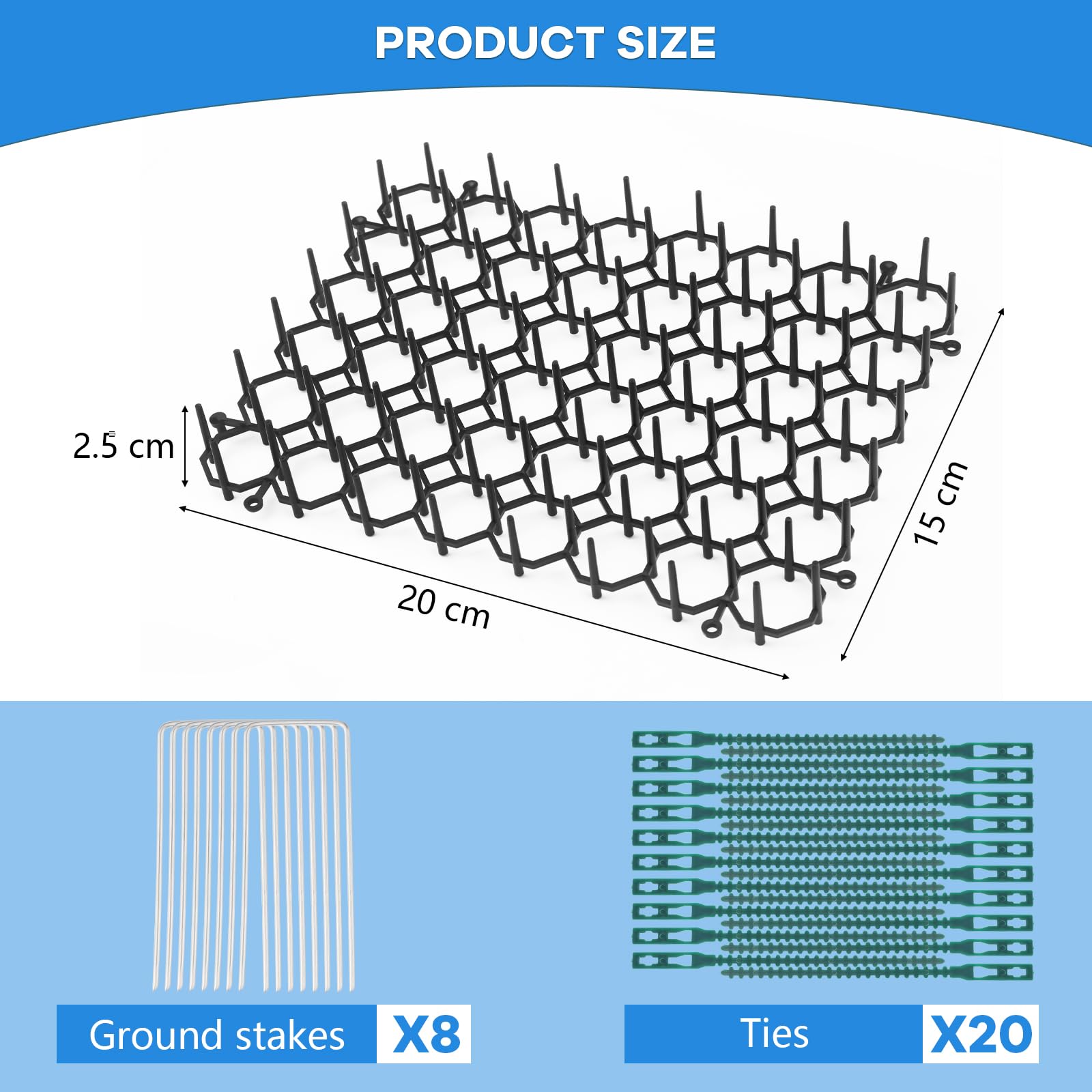 12 Pcs Cat Deterrent, Anti Cat Spikes with Prickle Stirp 20 x 15cm, Pet Deterrent, Pet Deterrent Net, Cat Scat Mat with Spikes with 8 U-shaped Pegs & 20 Ties for Garden, Fence - Image 2