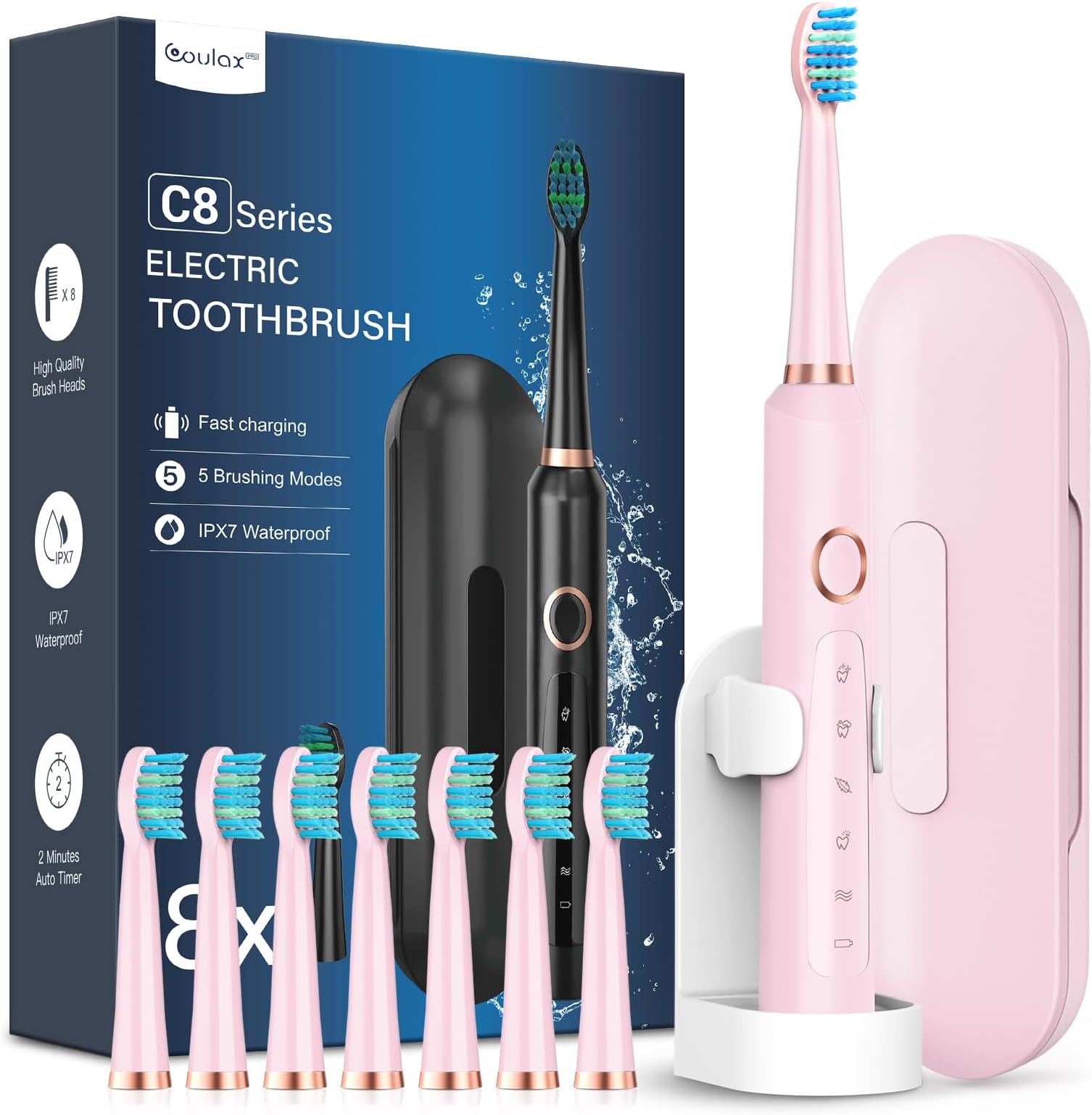 Sonic Electric Toothbrush for Adults and Kids - Sonic Toothbrushes with 8 Tooth Brush Replacement Head and 5 Brushing Modes, 120 Days of Use with 3-Hour Fast Charge, 2 Minute Smart Timer