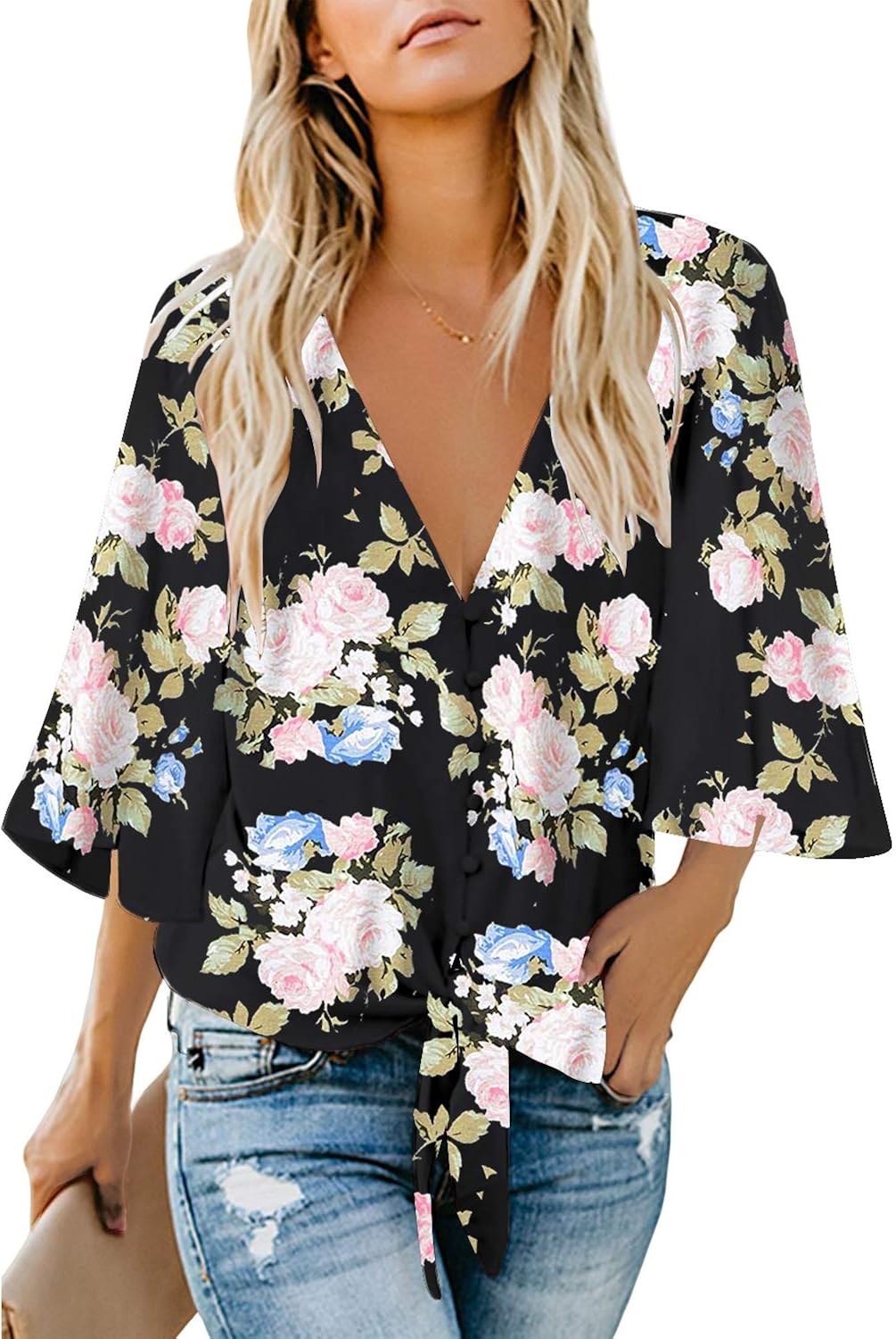 luvamia Women's V Neck Tops 3/4 Sleeve Tie Knot Floral Blouses Button Down Shirts at  Women’s Clothing store