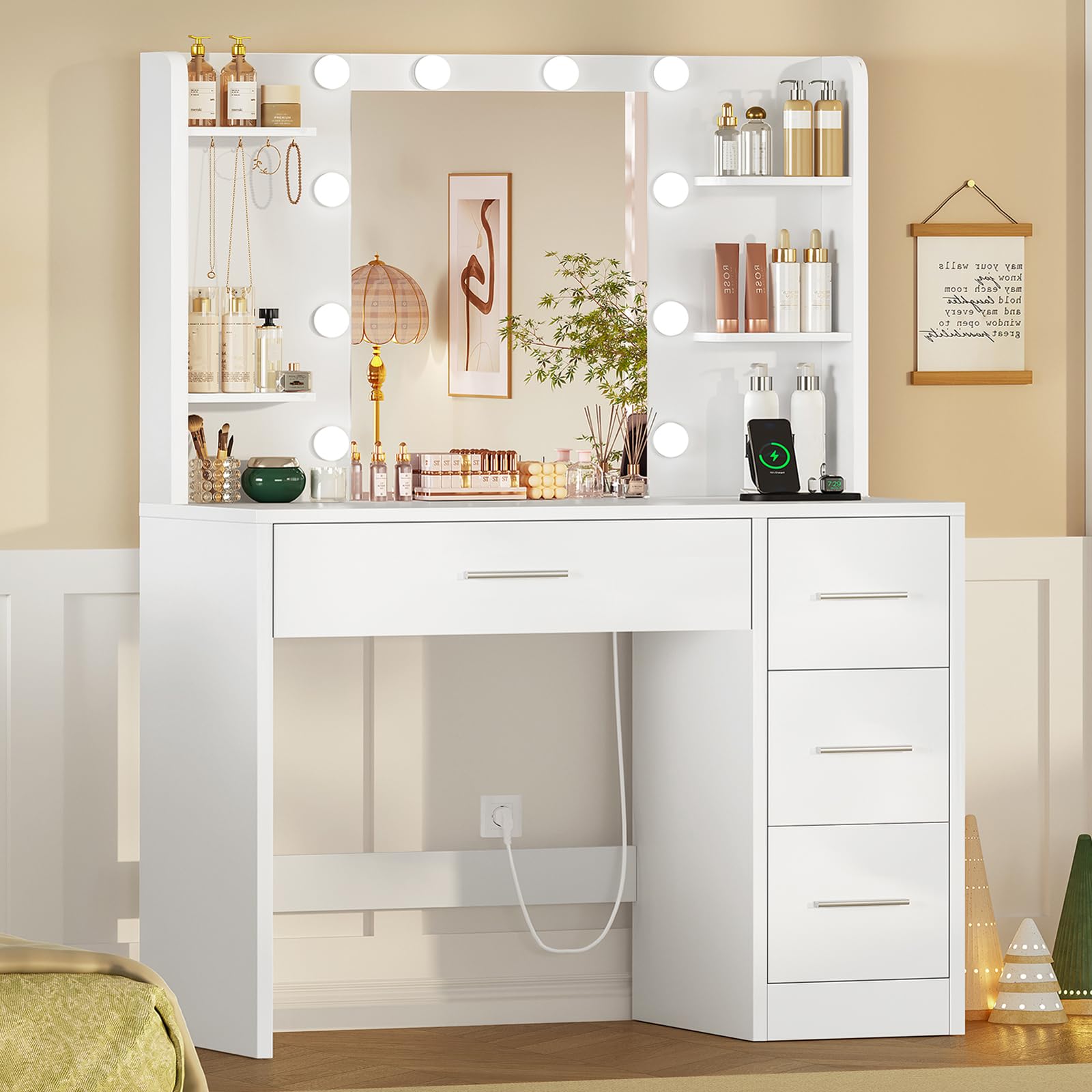 TEENFON Toeletta Trucco con Specchio, 3 con Luminosità Regolabile, Postazione Trucco con 4 Ripiani Apert, Bianco,Presa, 4 Cassetti, 5 Ganci per Gioielli