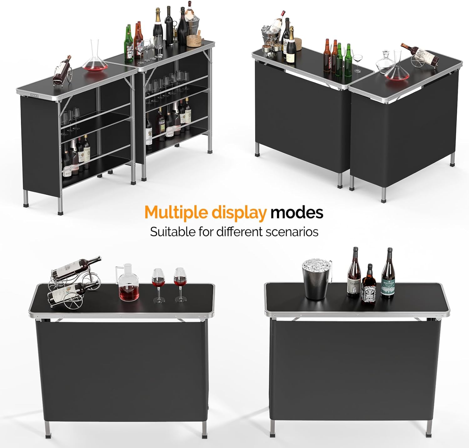 VINGLI 43" Portable Bar Table, 3-Tier Shelves, Carry Bag，Mobile Bar Table for Events, Party, Camping, Picnic, Tradeshow, Outdoor & Indoor with Black Skirt(2, 43") (2) (Black-2P, 43")