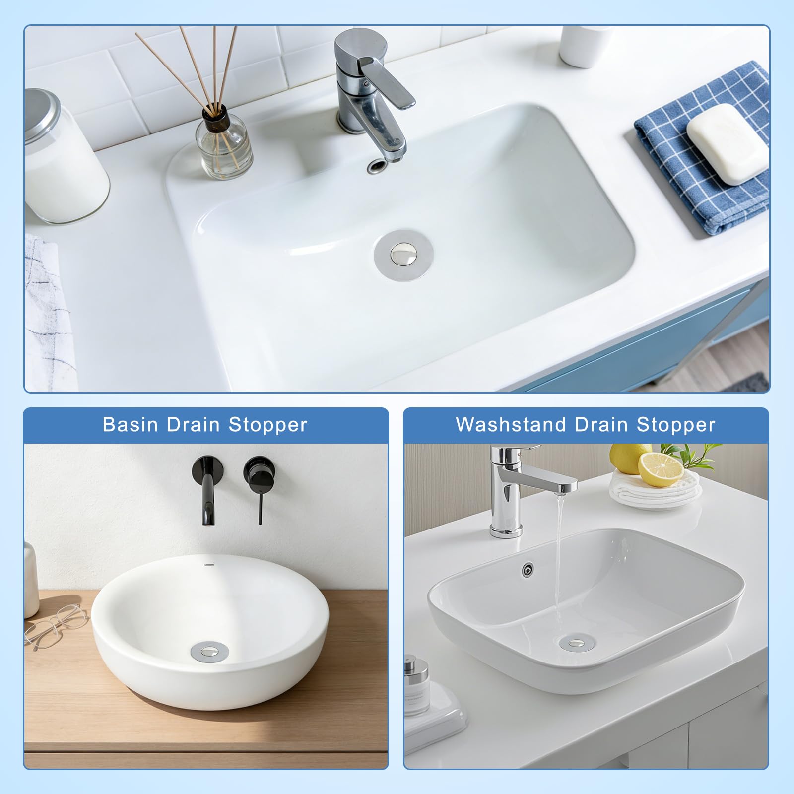 Colador de drenaje 3 en 1 mejorado para fregadero de baño, tapón universal desplegable con cesta de filtro de acero inoxidable extraíble, tapón de fregadero para lavabo de 1.1 a 2.36 pulgadas, núcleo