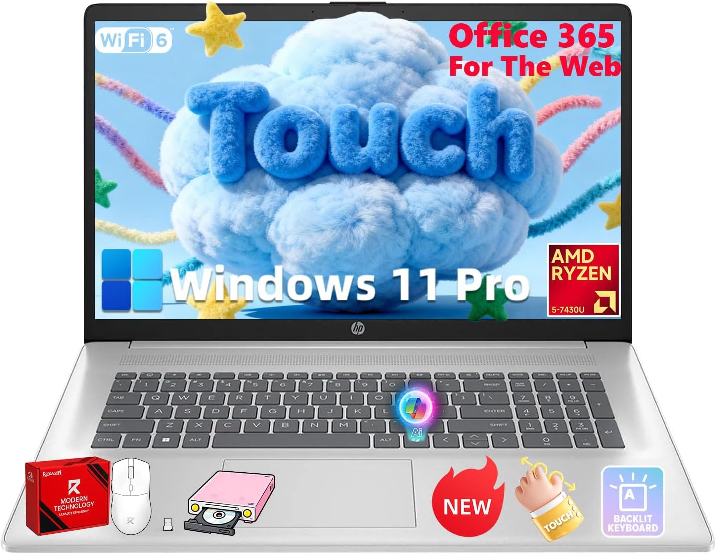 HP 17.3" Touchscreen Business Laptop, AMD Ryzen 5 7430U (6-Core), 20GB RAM, 512GB SSD, Large Anti-Glare Display, Backlit Keyboard, WiFi 6, Windows 11 Pro, Ideal for Office & Students, w/Accessories