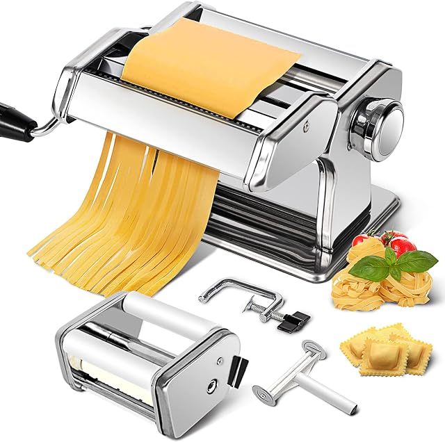 CHEFLY Pasta & Ravioli Maker Set 9 Thickness Settings for Fresh Homemade Lasagne Fettuccine Spaghetti Dough Roller Press Cutter Noodle Making Machine P1802