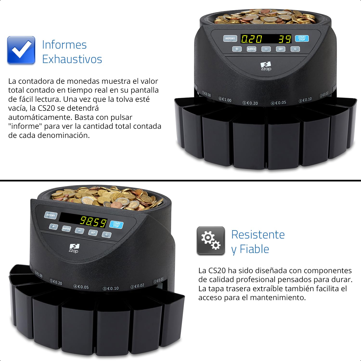 ZZap CS20 - Contadora y clasificadora automática de monedas EURO – Velocidad de conteo de 220 monedas/minuto, recuento por lotes ¡y más!