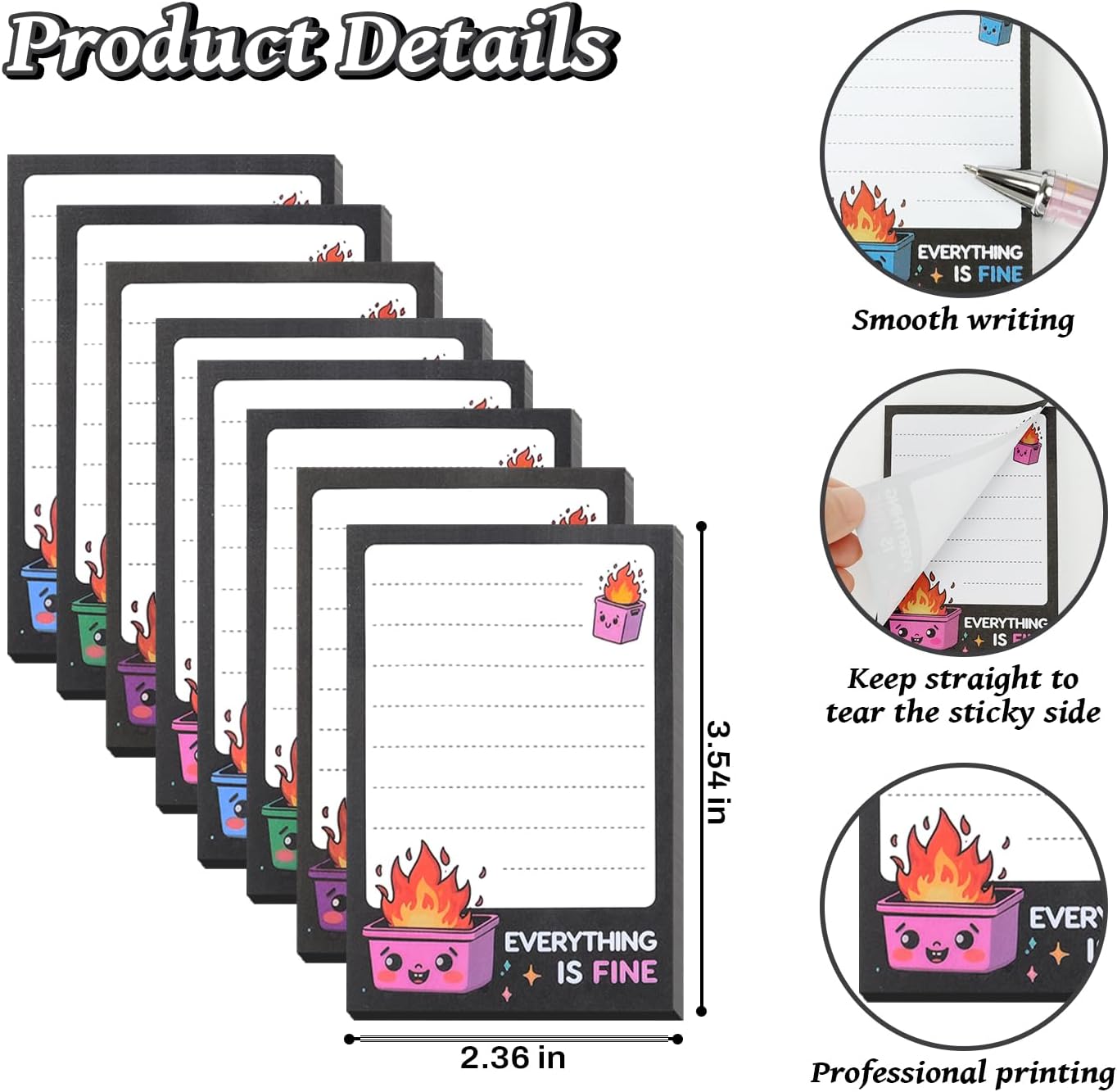 Dumpster On Fire Desk Accessories - 8 PCS Cute Sticky Notes   8PCS Ballpoint Pens, It's Fine I'm Fine Everything is Fine,Memo Notes Funny Office Gifts for Women Men Coworkers