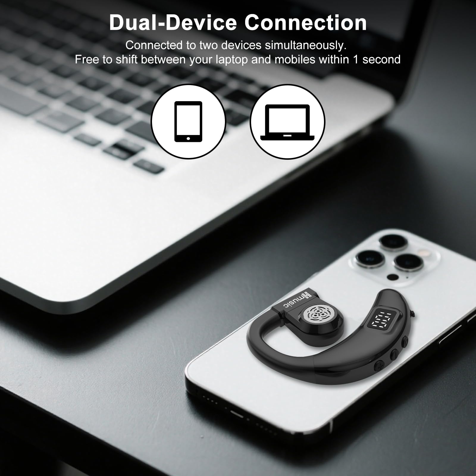 Hmusic Bluetooth Headset, V5.4 Wireless Bluetooth Earpiece, Both Left & Right Ear Wearing, USB C Fast Charging 20 Hrs Playing Time Earphone with ENC Mic for Driving, Truckers, Business, Office (Black)
