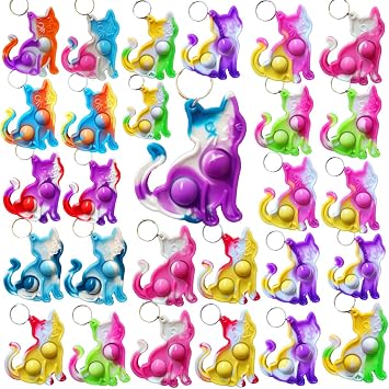 30 Packs Bulk cat Animal Fidget Mini pop Keychain Rainbow Friend Birthday Summer Party Favors Holiday Children Kids Students Prize