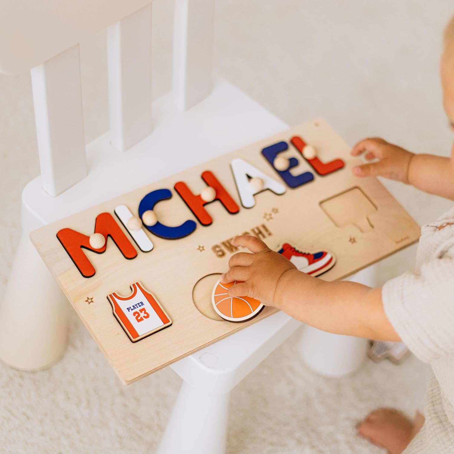 Personalized Name Puzzle with Sport for Toddlers 1-3 | 5 Themes | Loved by Parents | Handmade Wooden Montessori Toy | Made to Order | Perfect Personalized 1st Birthday Gift | Basketball Theme