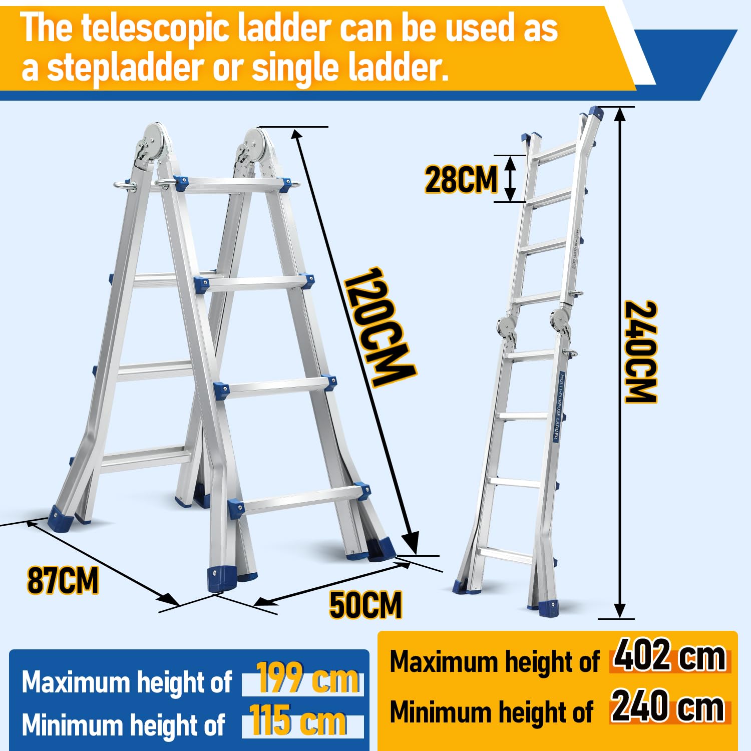 Fiqops Scala telescopica 4 m x 4 gradini, in alluminio, antiscivolo, portata 150 kg/330 LB, scala in alluminio allungabile
