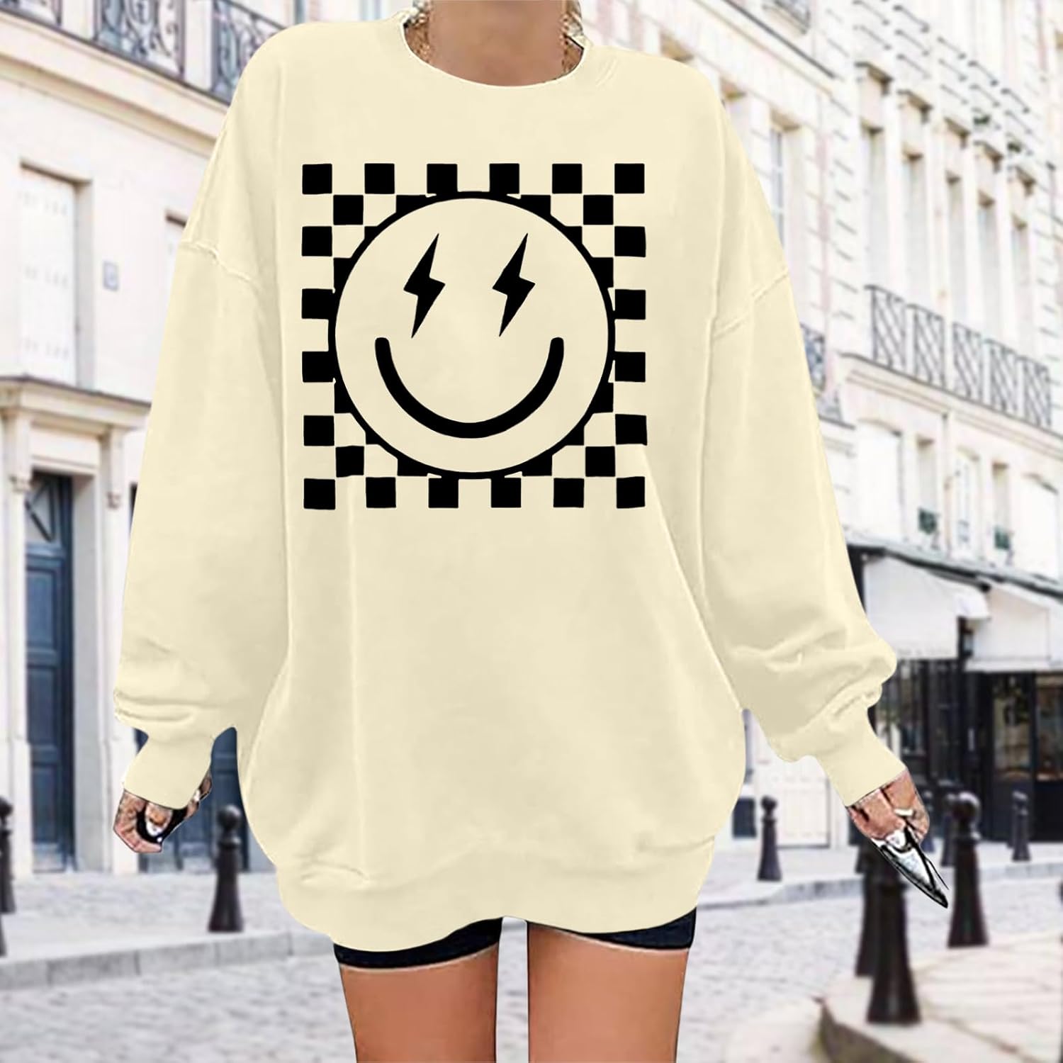 Oversized Graphic Sweatshirts for Women Smile Face Sweatshirt Cute Crewnecks Pullover Casual Loose Long Sleeve Tees - Image 5