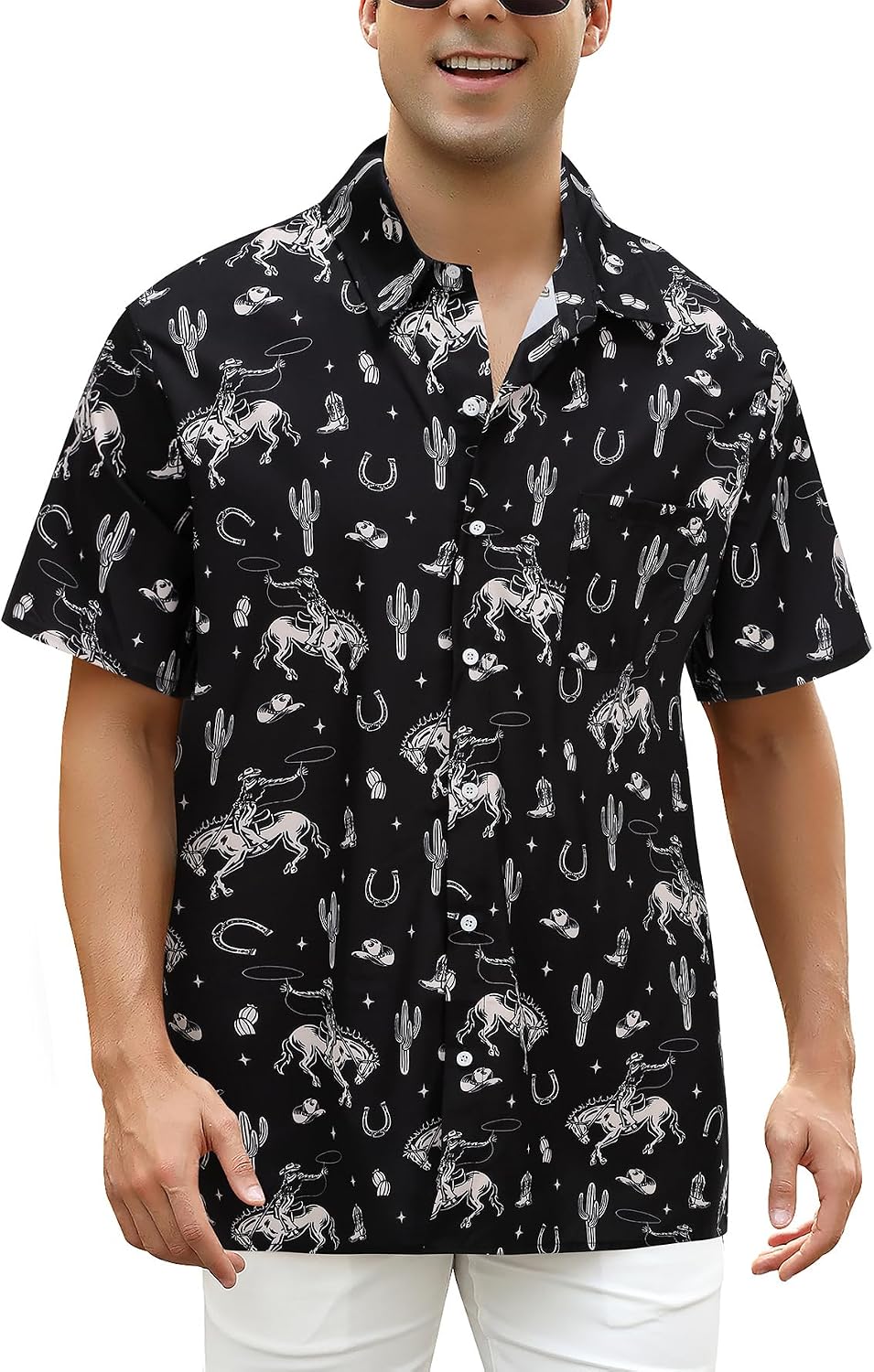 Western Shirts for Men Short Sleeve Cowboy Button Up Shirt Vintage Western Print Casual Shirt