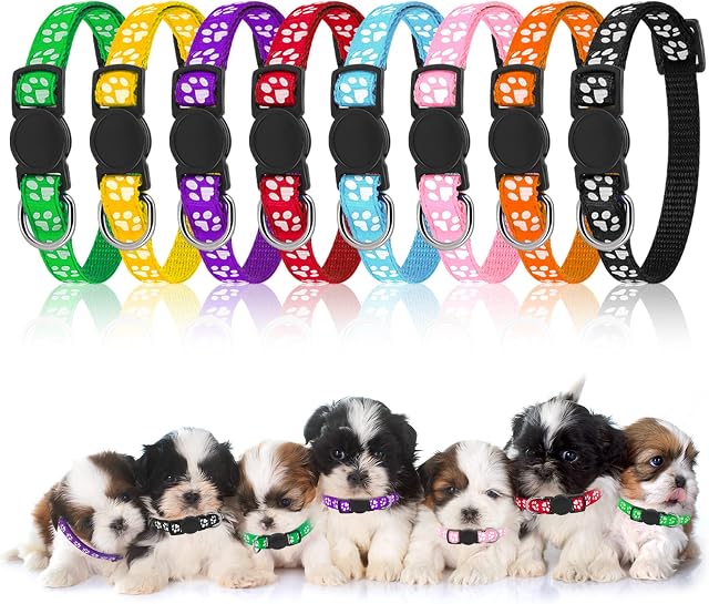 AKlamater 8Pcs Puppy Collars Adjustable Puppy ID Collars Puppy Whelping Collars with Breakaway Buckle Soft Nylon Pet Safety Collars for Small Dogs,19-32cm