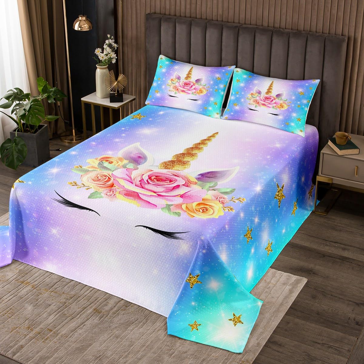 Castle Fairy Unicorn Bedspread,Cute Rainbow Watercolor Print Coverlet Set,Sweet Girly Animal Themed Bedding Set Decorative Quilted 3 Piece with 2 Pillow Shams,Queen Size