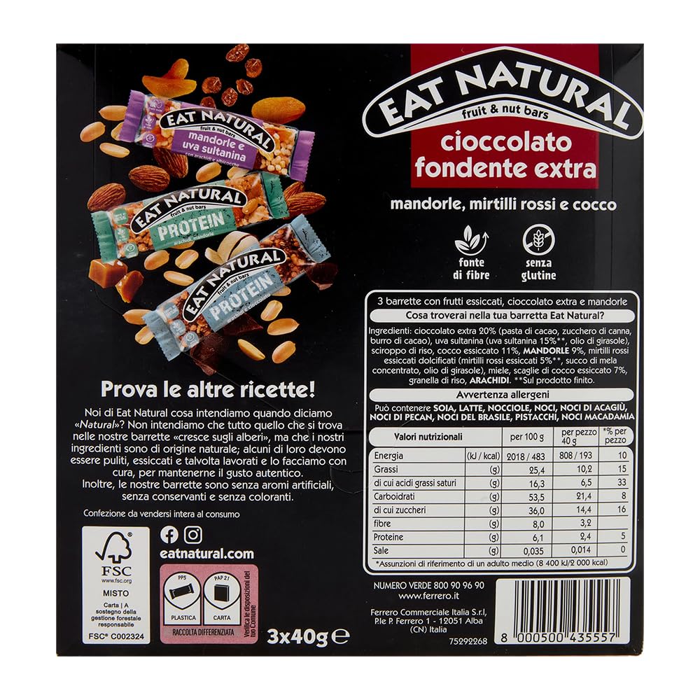 8X Eat Natural Barretta Cioccolato Fondente Extra, Mandorle, Mirtilli Rossi e Cocco, Senza Glutine (Gluten free) 120g