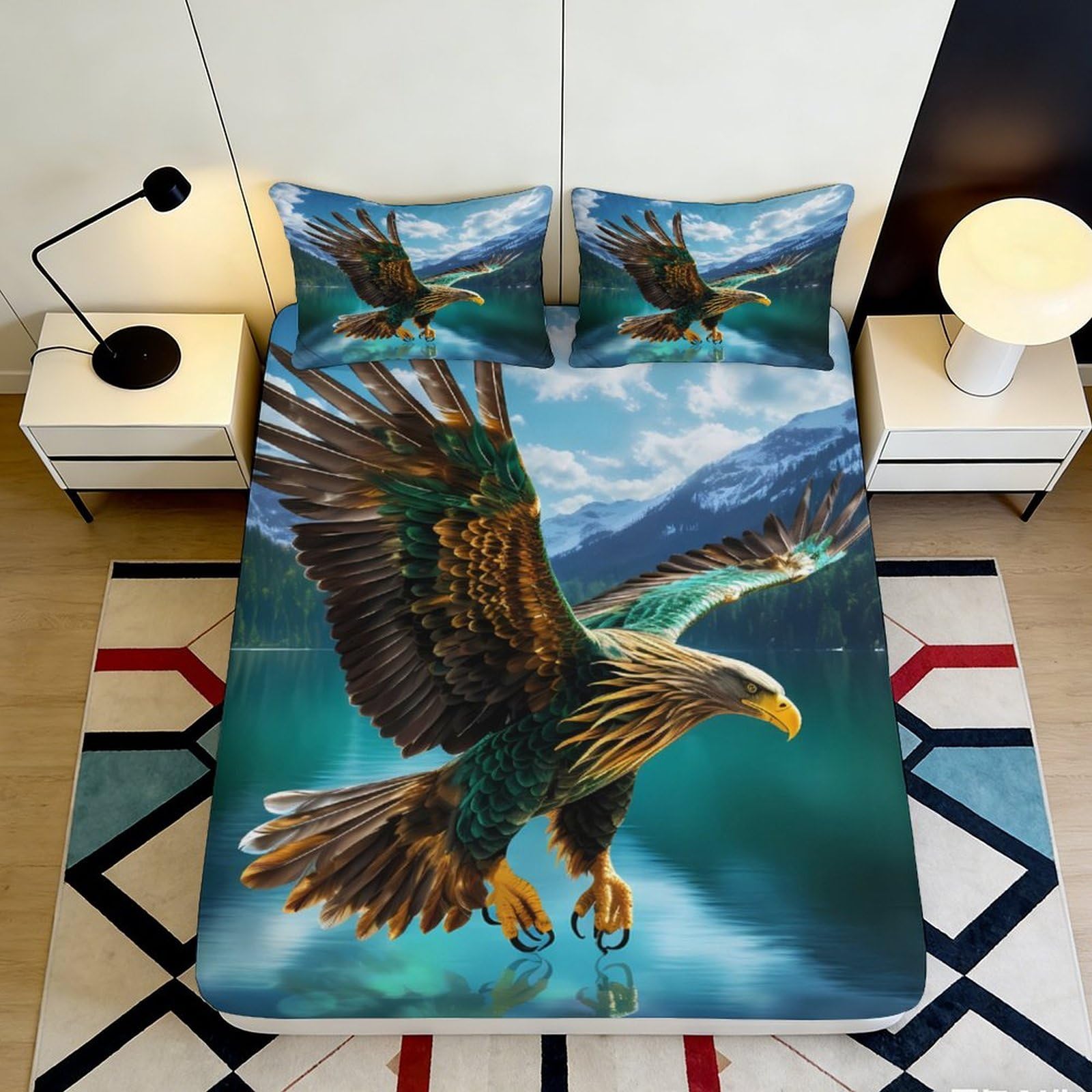3D Printed Majestic Eagle Lake Fitted Sheet Microfiber Soft Breathable Mountain Bird Mattress Cover for Bedroom Dorm Decor 90x200x25cm