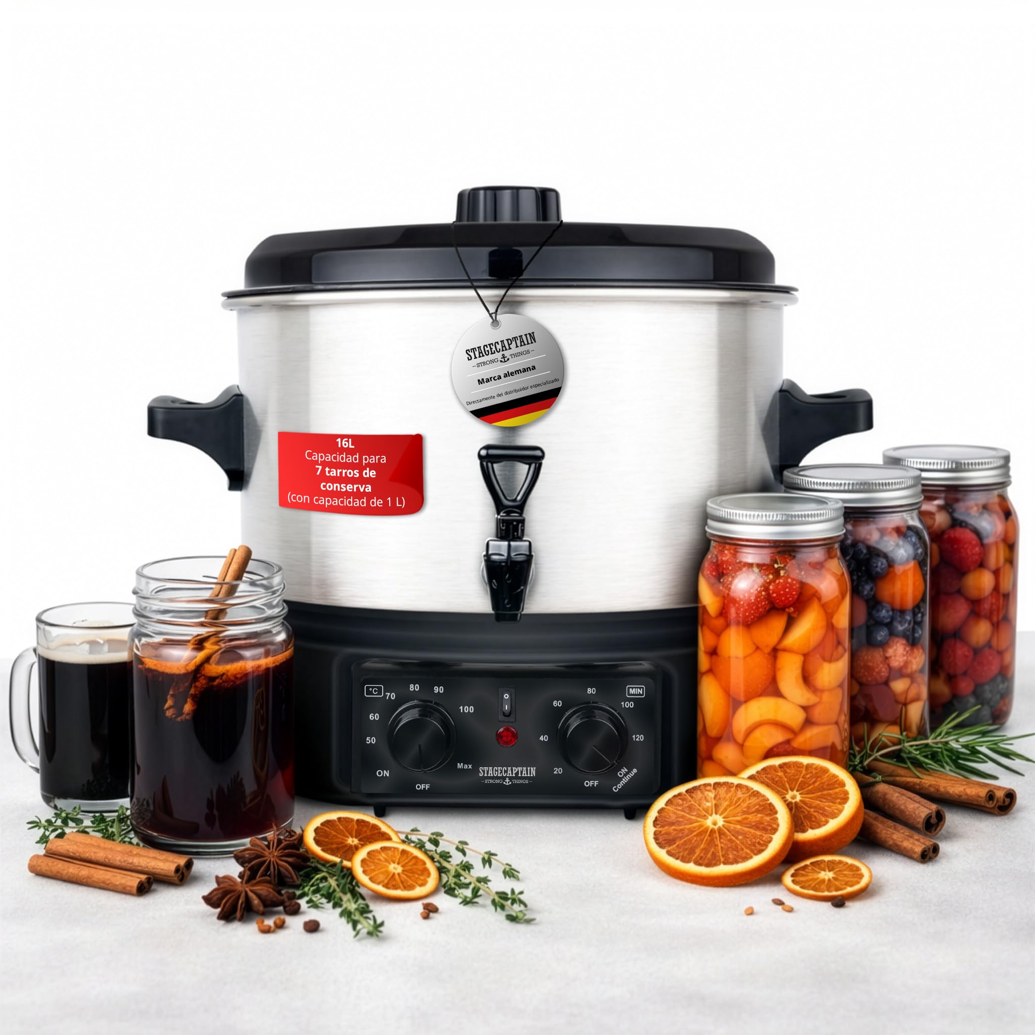 Stagecaptain GWK-16A calentador/olla 16 L para vino y bebidas calientes, mermeladas, frutas o sopas; 2000 W, acero inoxidable, regulador temperatura, temporizador y apagado automático. Plateado