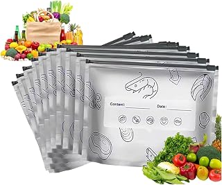 Reusable Aluminum Foil Sealable Storage Bags, Stand up Self-Sealing Freezer Bags with Label and Zip Lock, Aluminum Foil Bags Vacuum Zipper Pouches for Vegetable Fruit Meat (10 PCS,S: 5.12 * 7.87in)