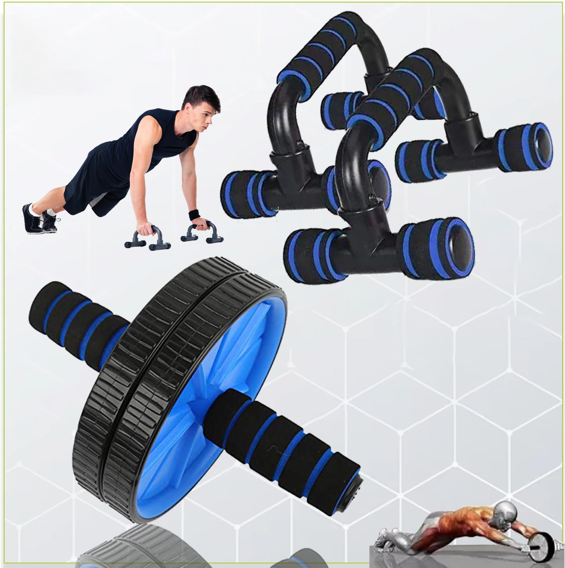 Manogyam Combo of Ab Wheel and Pushup Bar for Core Fitness | Fitness Equipment and Fitness Accessory Kit (Black, Blue)-image-3