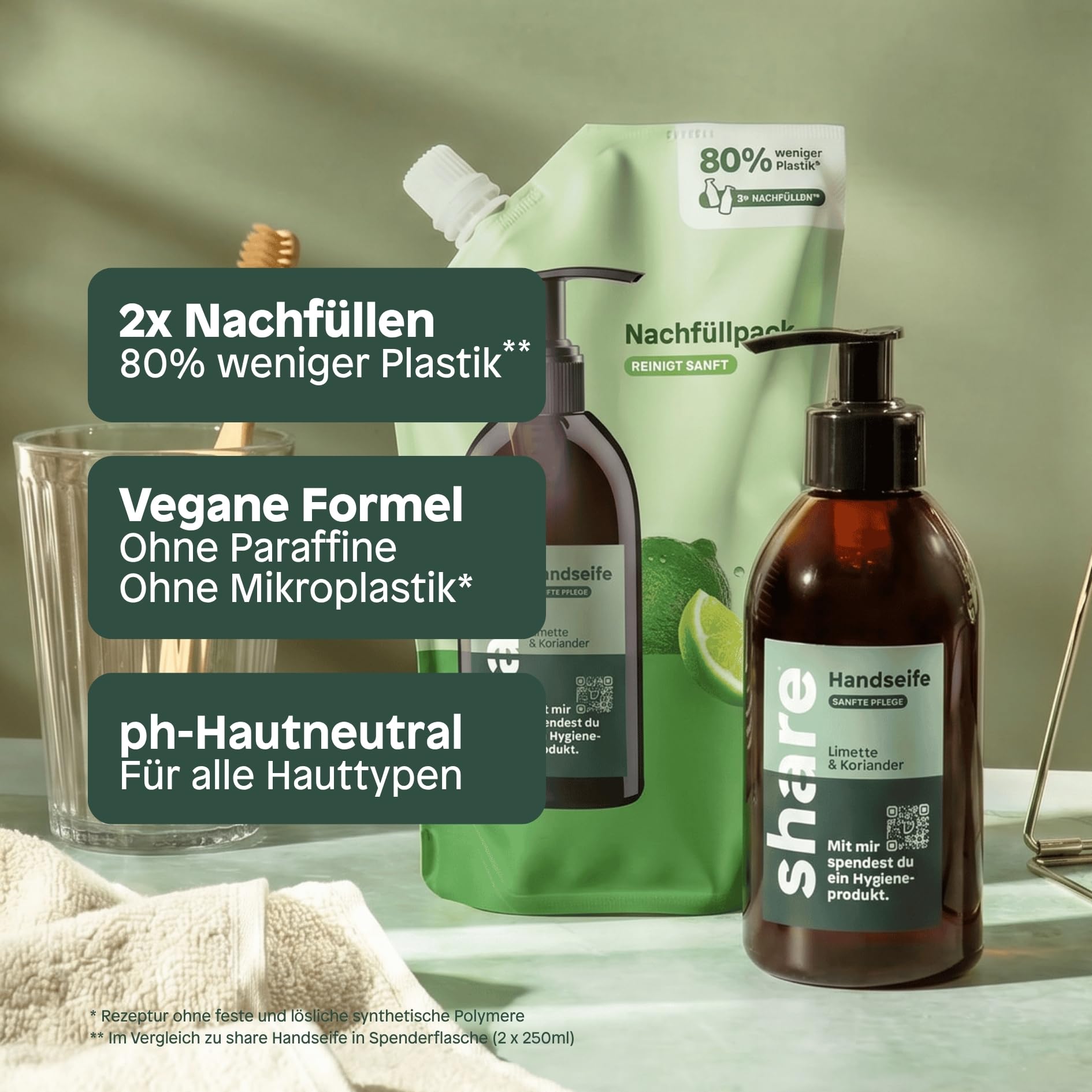 share Flüssigseife Nachfüllpack Limette & Koriander (6x500ml) | Sanfte Reinigung, Vegan, pH-hautneutrale flüssige Seife mit ätherischen Ölen – Jeder Handseife Nachfüllbeutel spendet