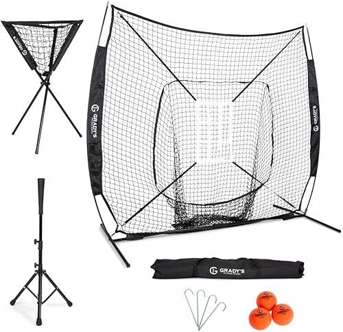 Paquete de entrenamiento definitivo para golpear y lanzar red de 7 x 7 pulgadas con zona de ataque  Camiseta ajustable  Carrito de pelotas  3 bolas