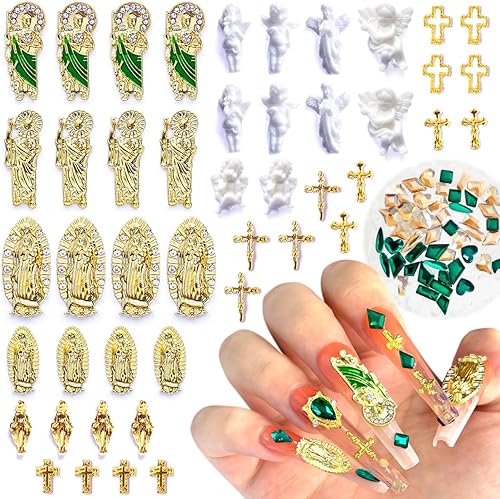 Dijes para uñas 3D de San Judas con cruz de Virgen María, diamantes de imitación de metal de aleación dorada de ángel para arte de uñas acrílicas,